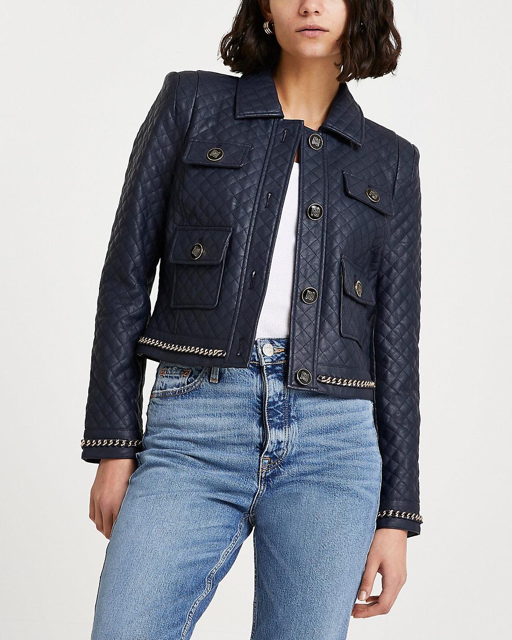 River Island Navy Faux Leather Quilted Jacket in Blue | Lyst