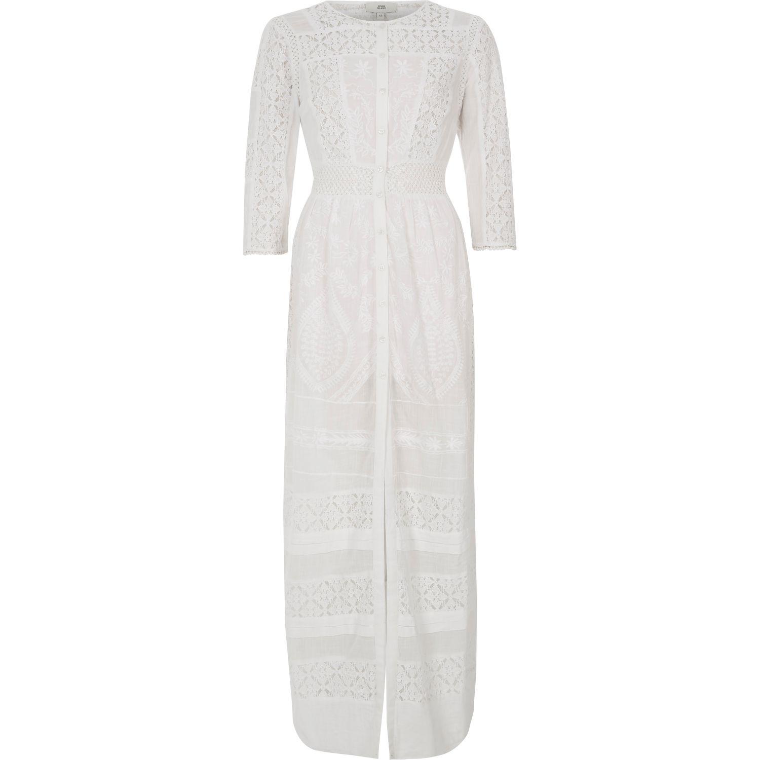 River Island White Lace Panel Embroidered Maxi Shirt Dress | Lyst