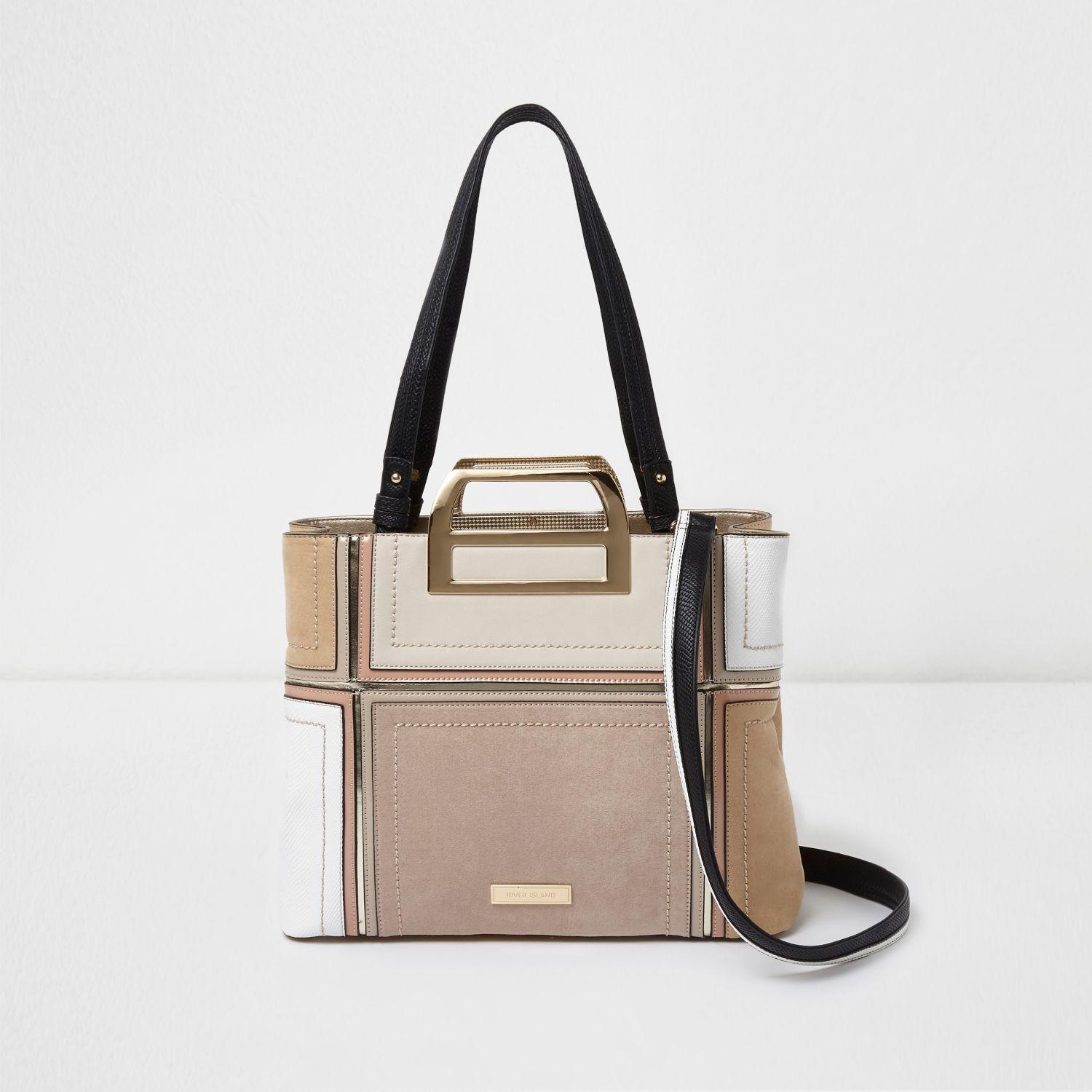 River Island Beige Metal Handle Patchwork Tote Bag in Natural Lyst
