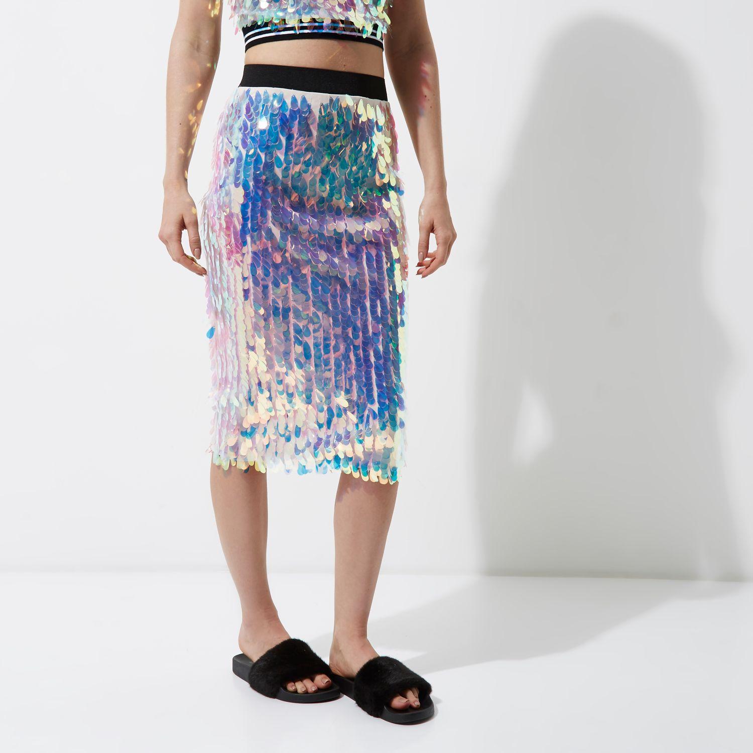 River Island Synthetic Pink Iridescent Sequin Pencil Skirt - Lyst