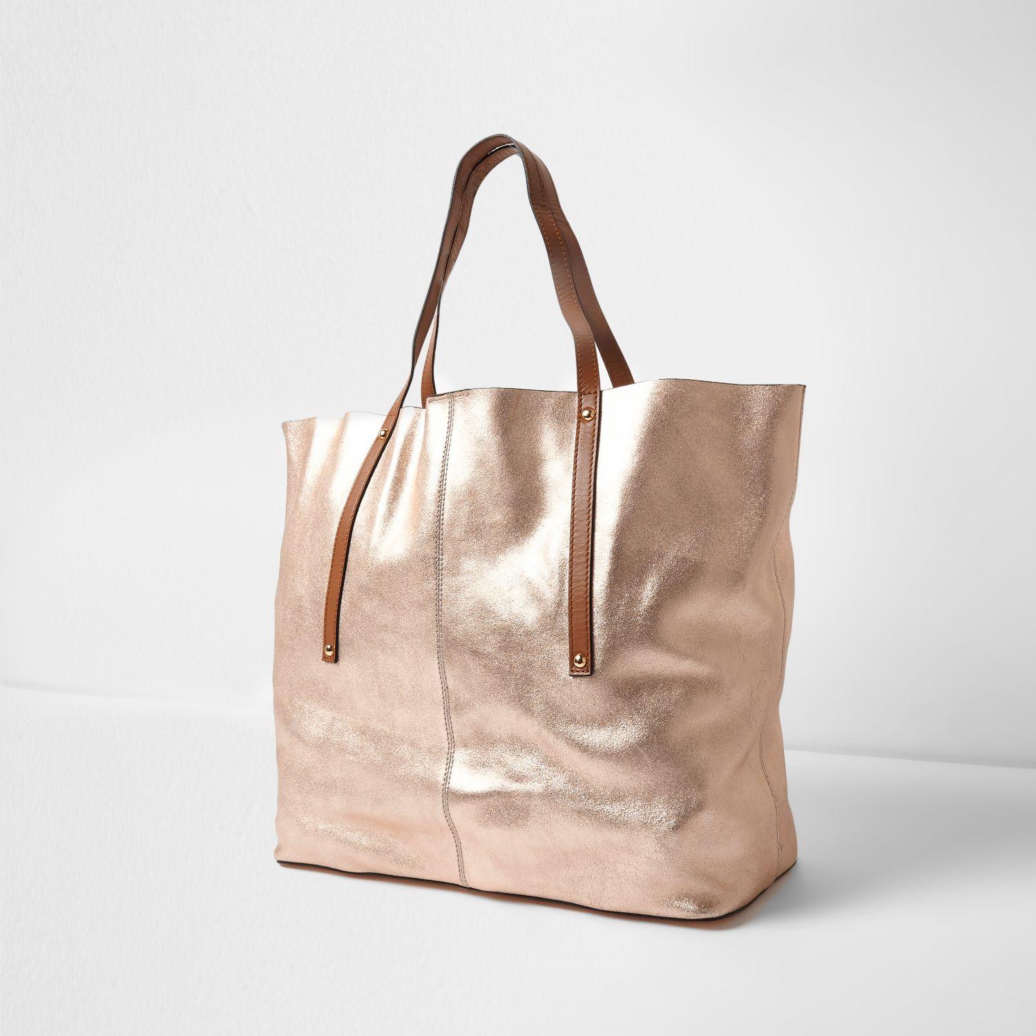 River Island Rose Gold Metallic Leather Tote Bag in Yellow - Lyst