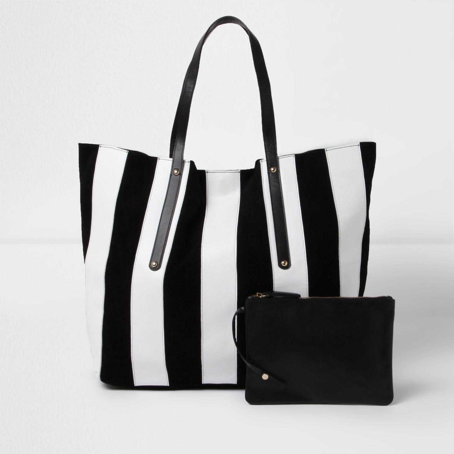 River Island Black And White Stripe Leather Tote Bag - Lyst