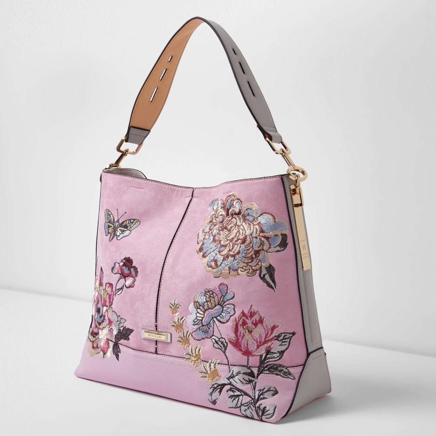 River Island Floral Embroidered Slouch Underarm Shoulder Bag in Pink - Lyst