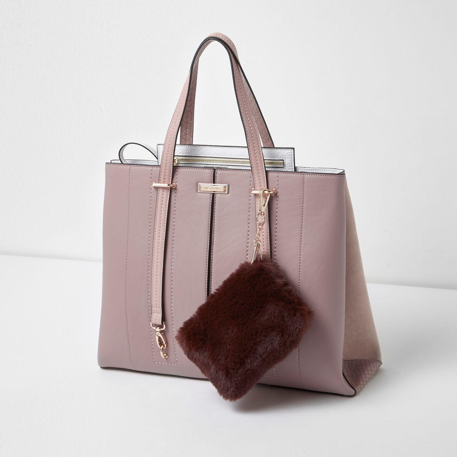 River Island Pink Long Handle Fur Pouchette Tote Bag Lyst