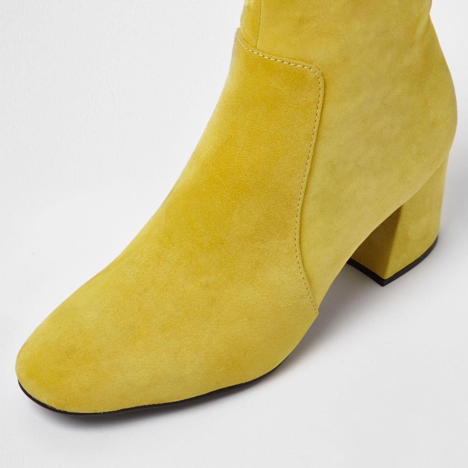 yellow suede block heels
