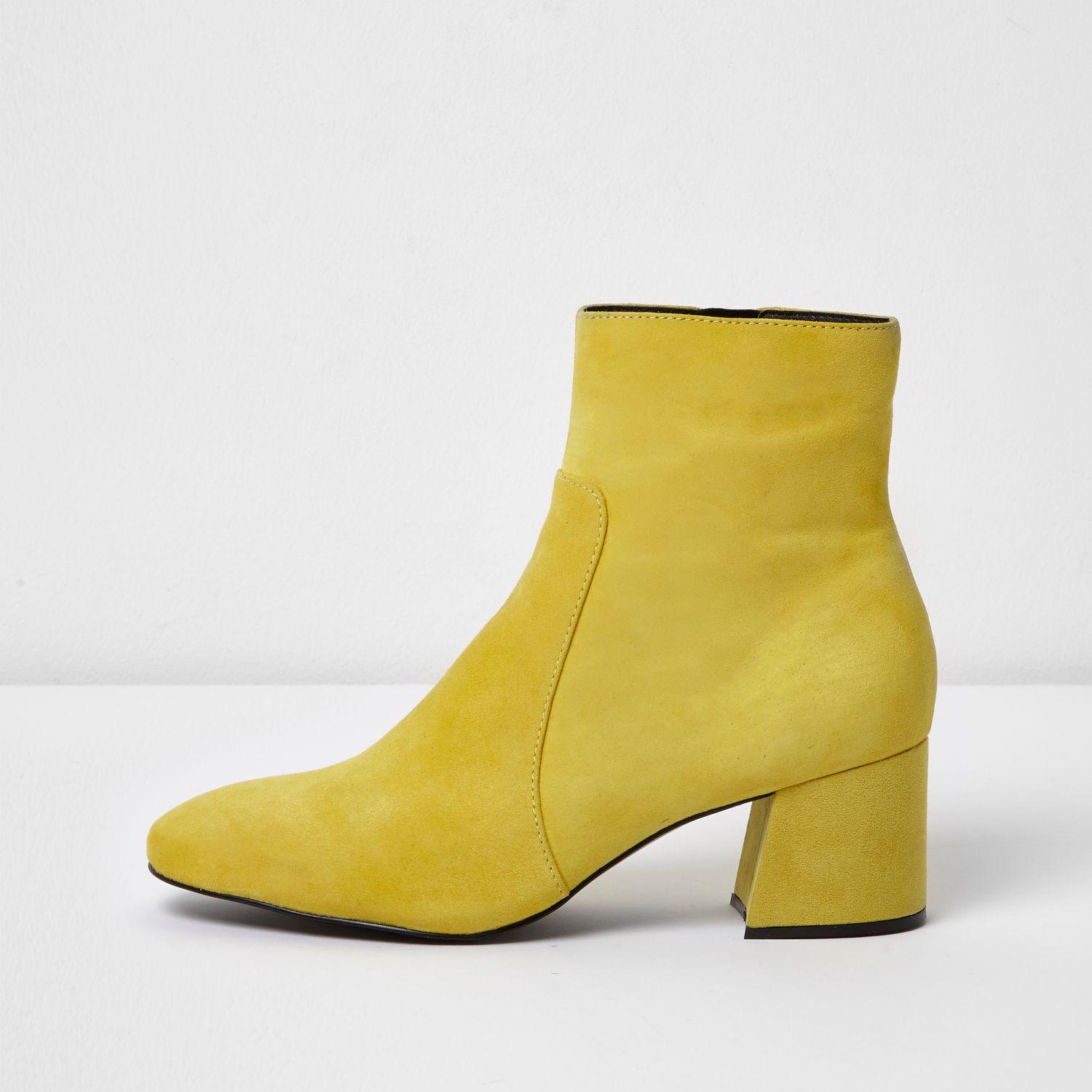 Lyst - River Island Yellow Suede Block Heel Ankle Boots in Yellow