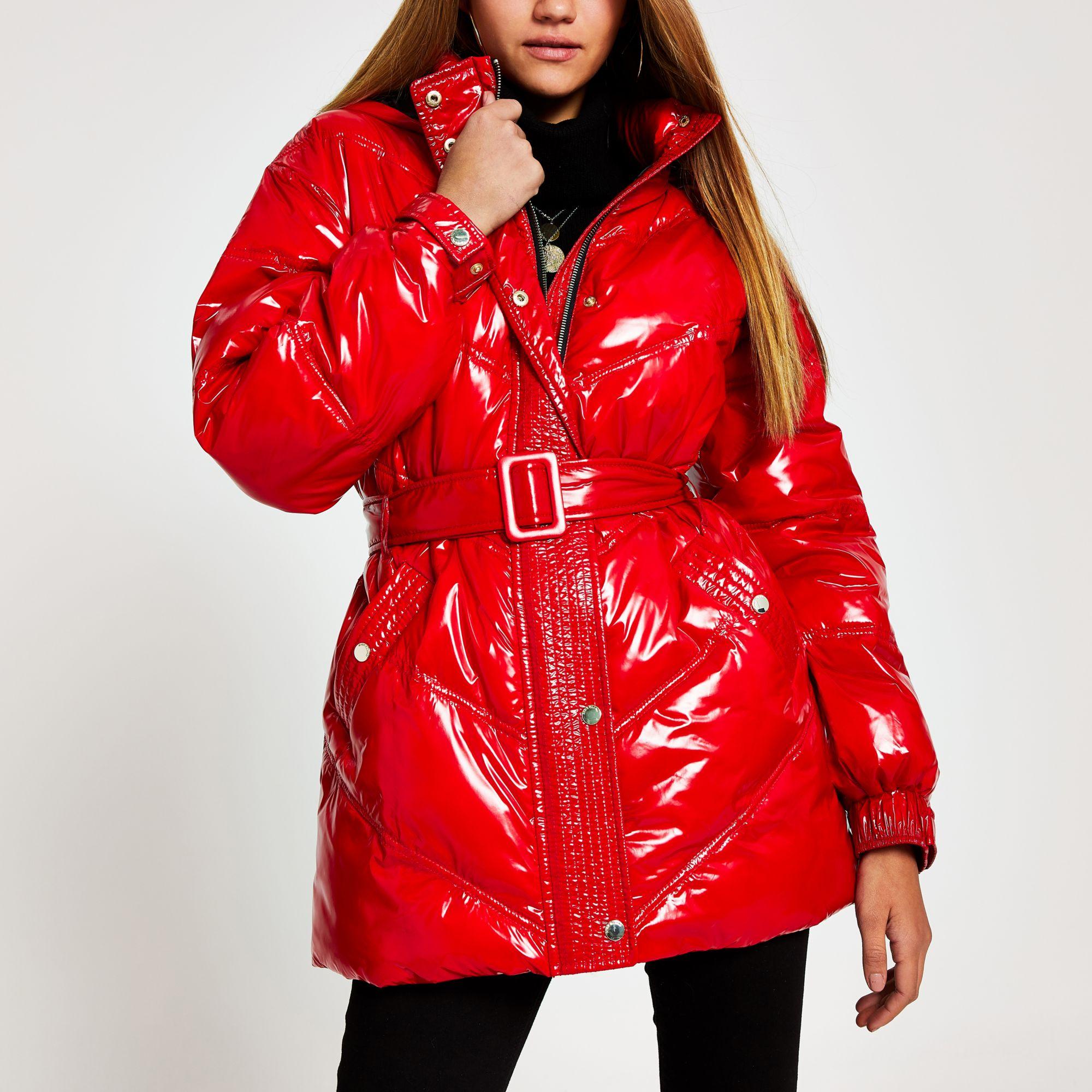 River Island Synthetic Red High Shine Belted Puffer Jacket | Lyst