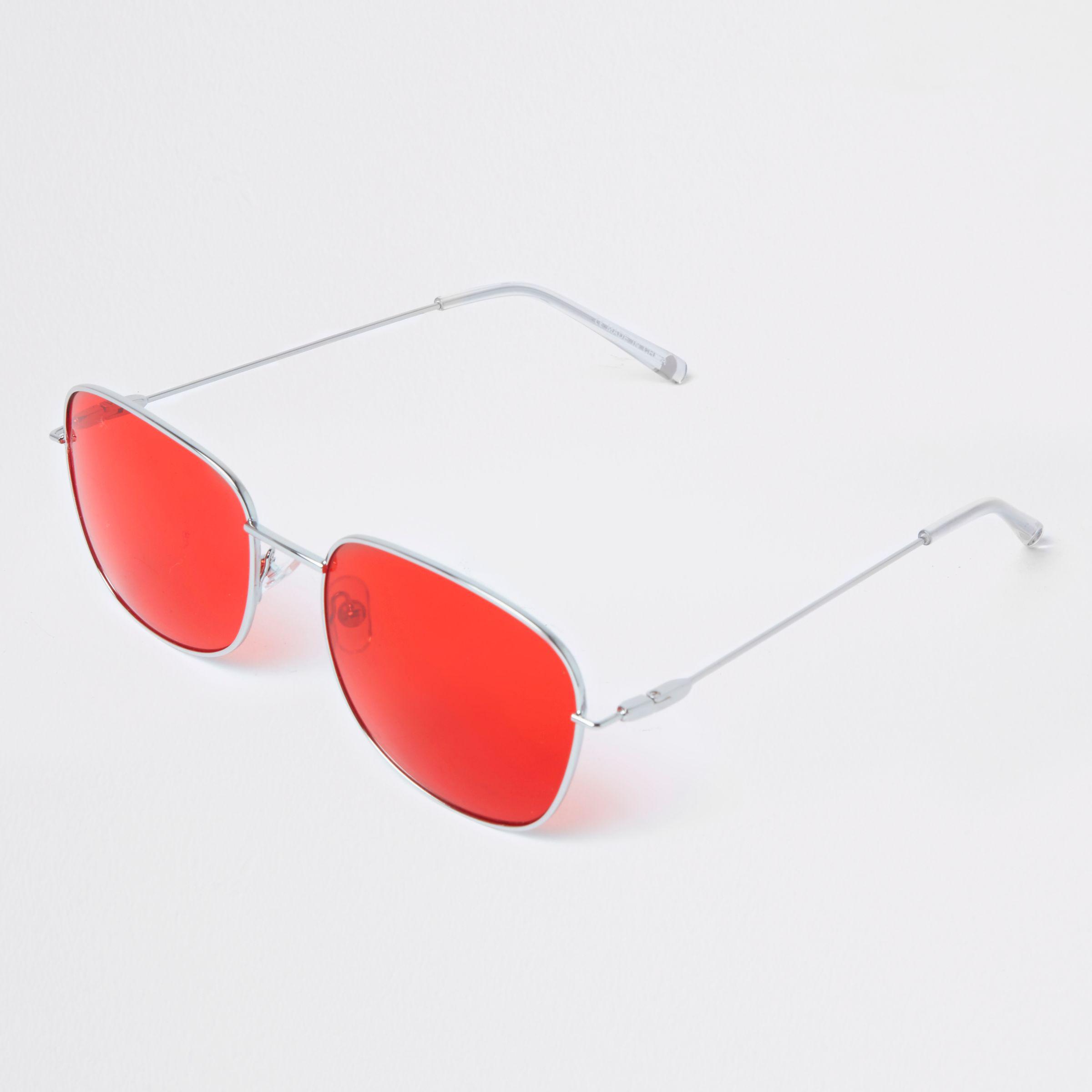 River Island Silver Tone Square Red Lens Sunglasses in Metallic for Men |  Lyst