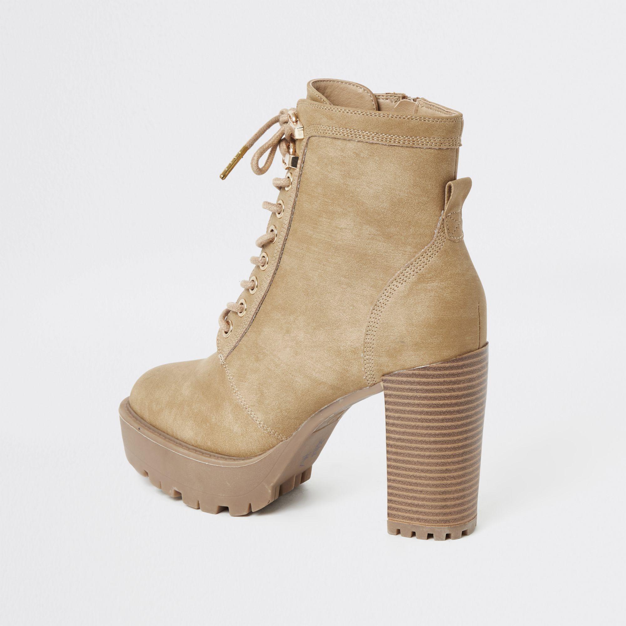 River Island Lace-up Chunky High Heel Hiker Boots in Natural | Lyst UK