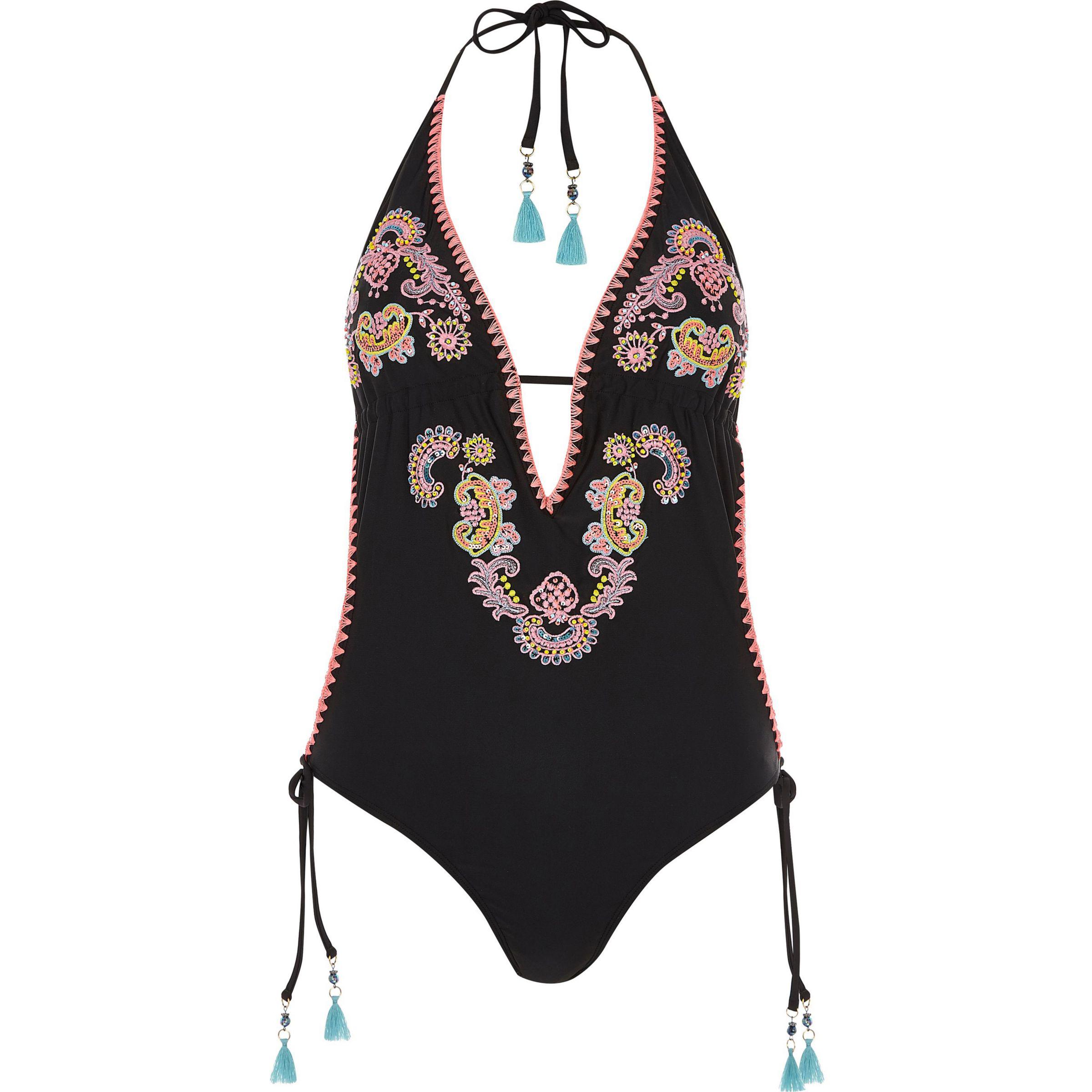 River Island Synthetic Black Embellished Halter Neck Plunge Swimsuit Lyst