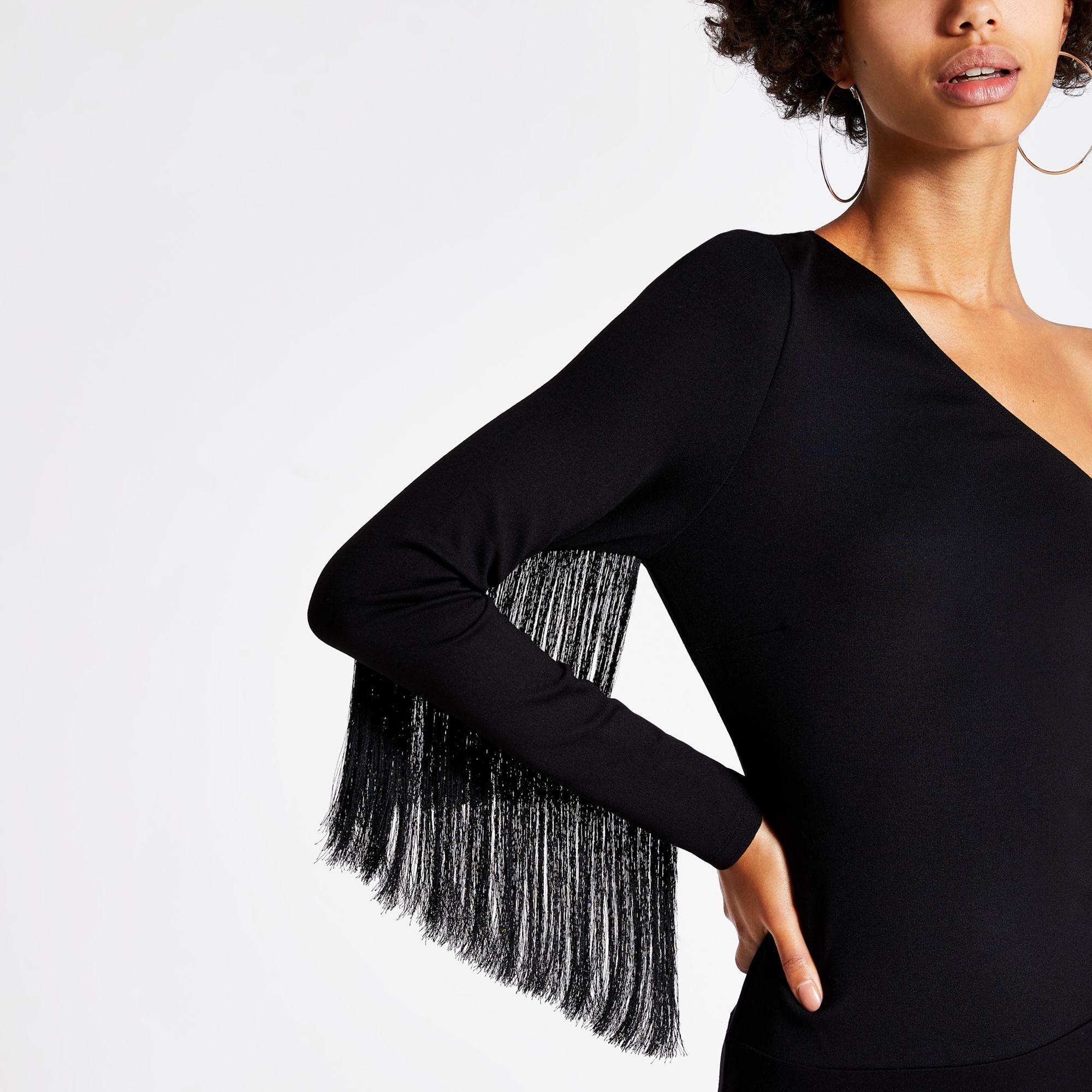 River Island One Shoulder Fringe Sleeve Bodysuit in Black | Lyst