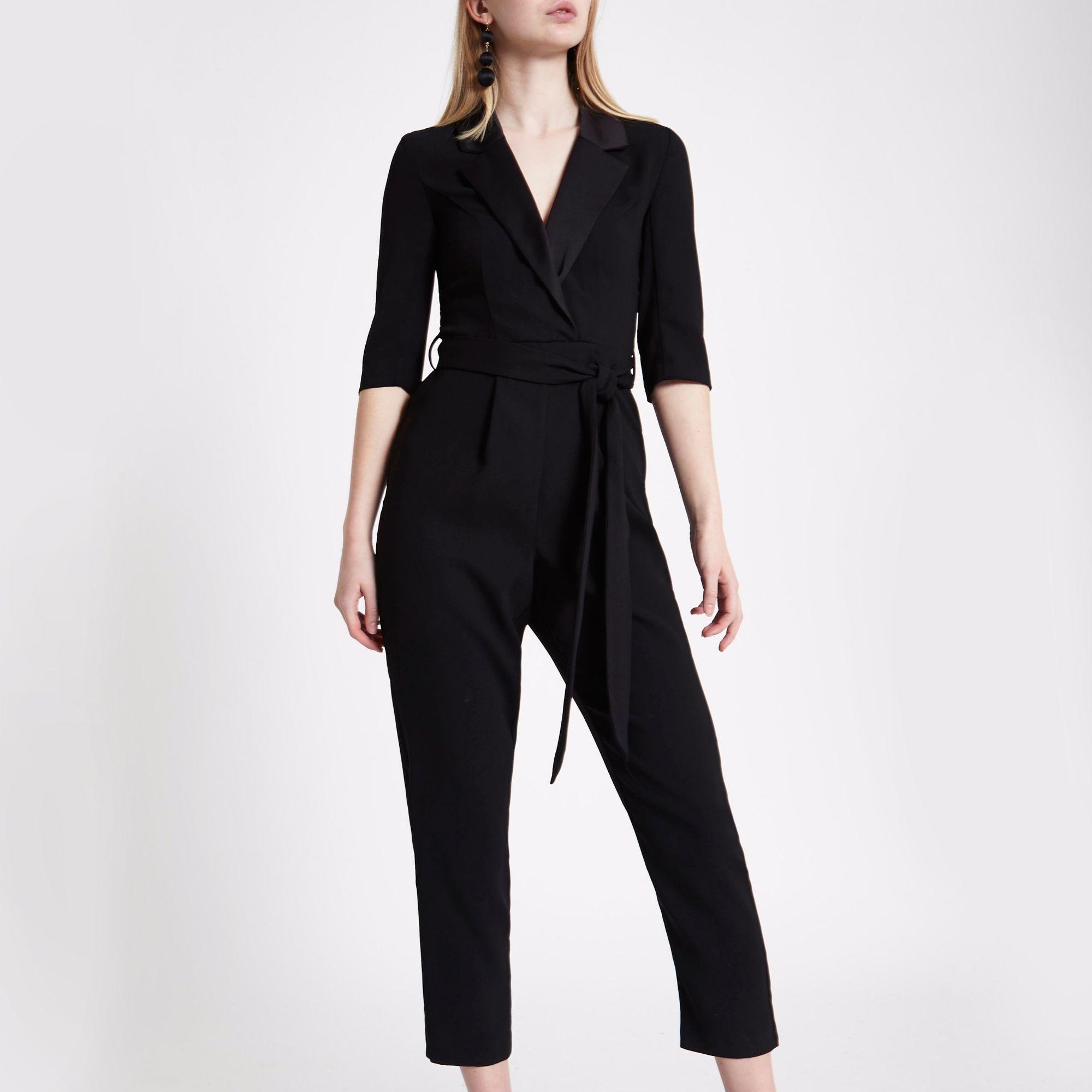 River Island Synthetic Tuxedo Tapered Jumpsuit in Black | Lyst