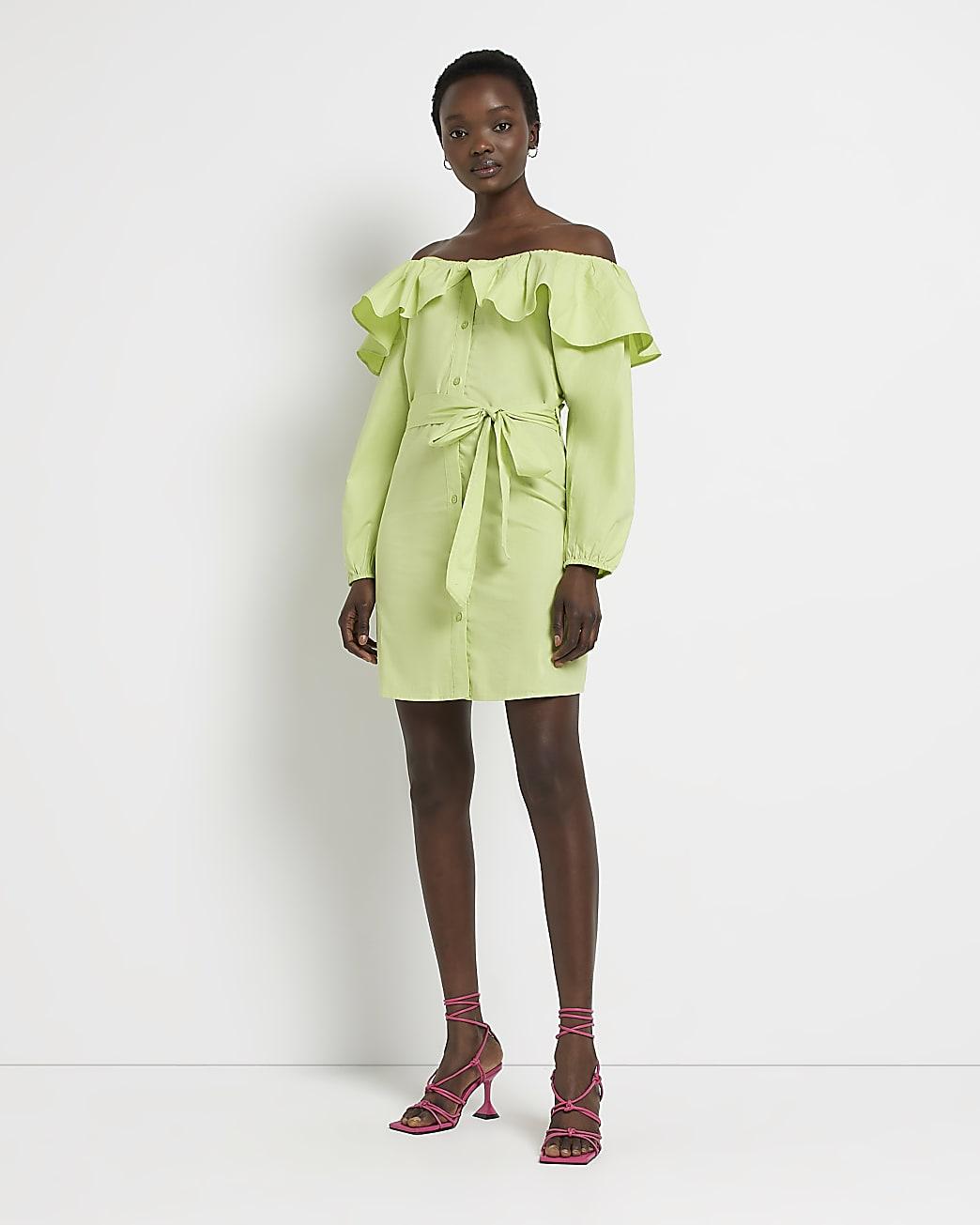 River Island Green Bardot Frill Mini Dress | Lyst