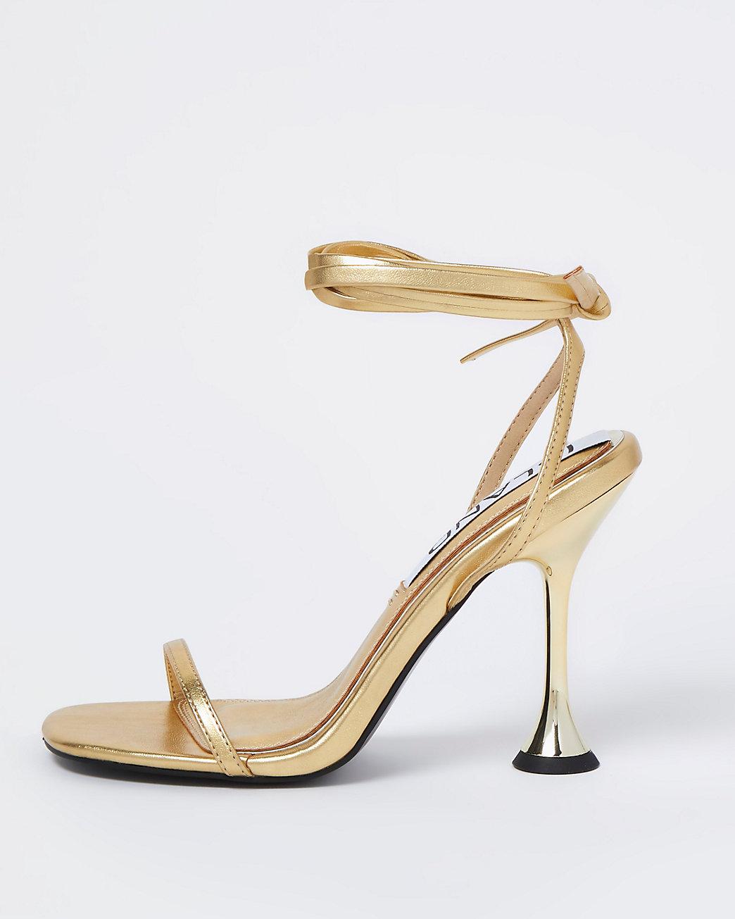 Gold Strappy Flared Heel Sandals 