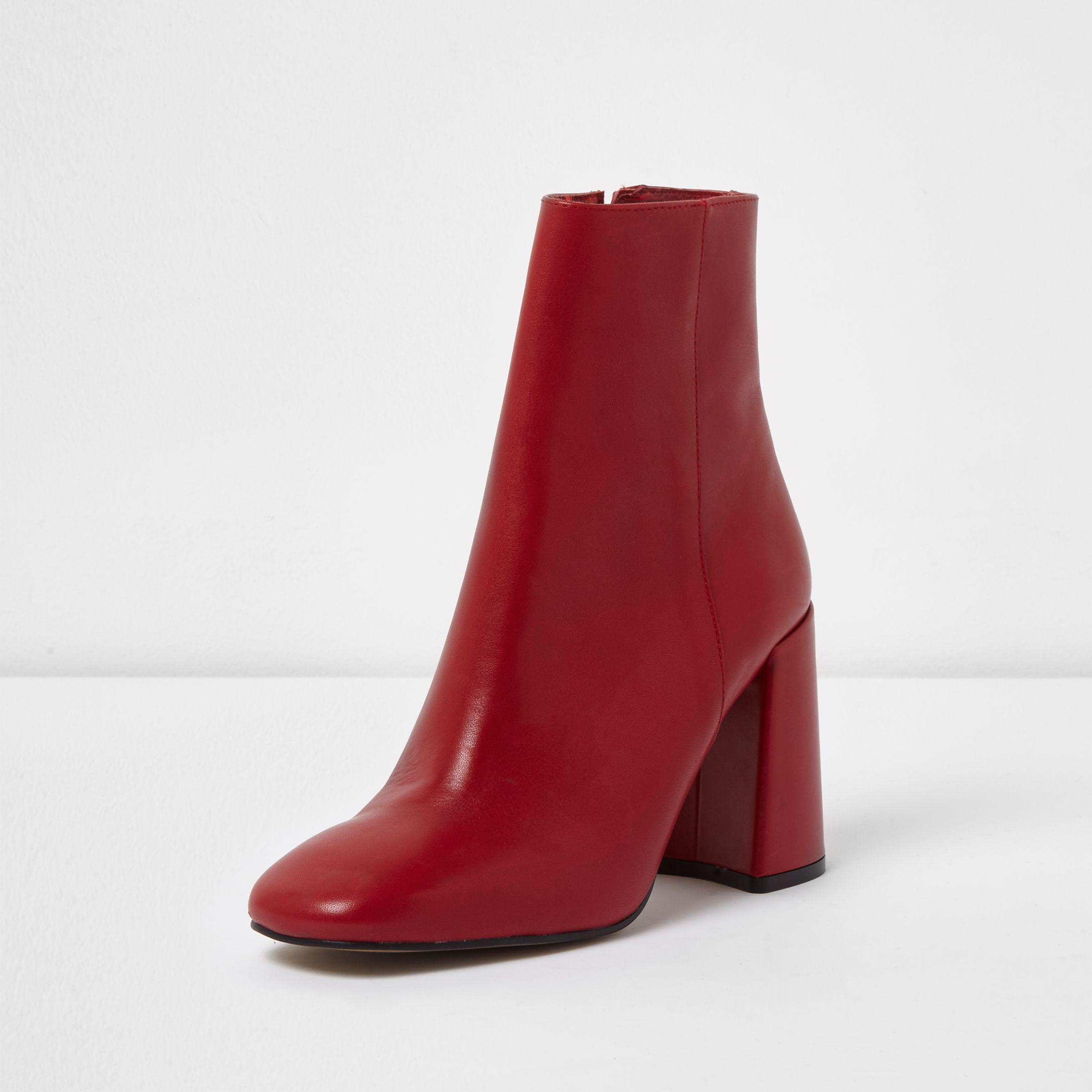 River Island Red Leather Block Heel Ankle Boots - Lyst