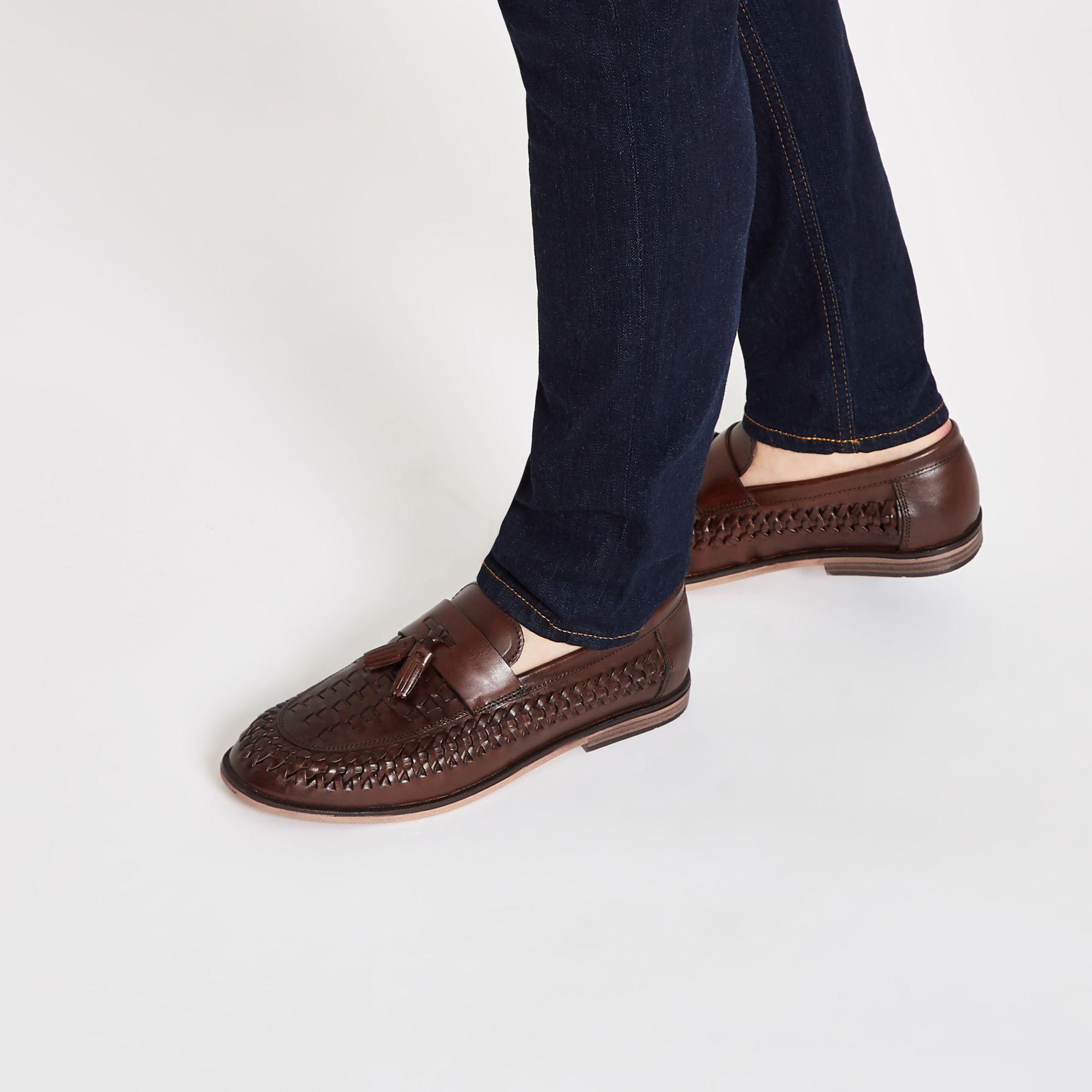 River Island Dark Brown Leather Woven Tassel Loafers for Men | Lyst