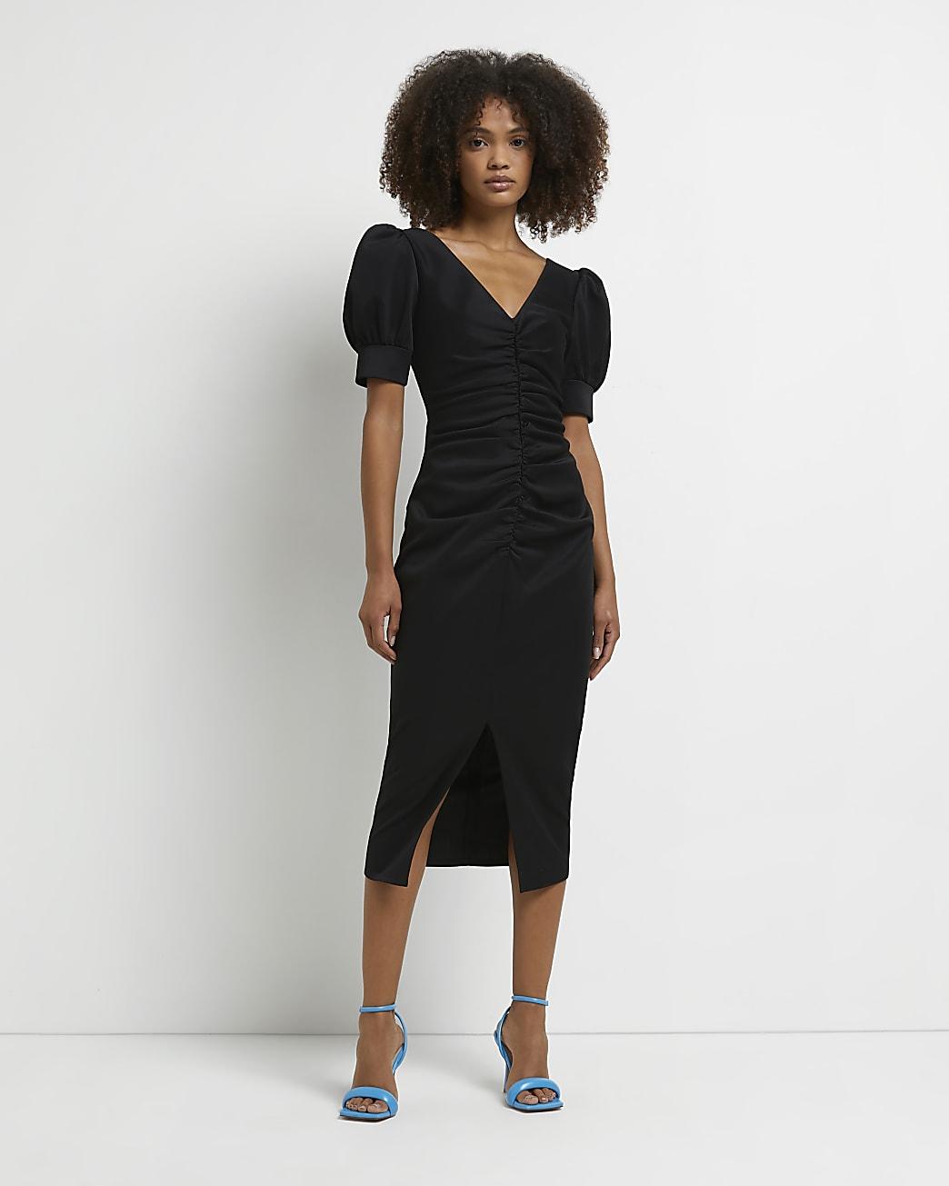 River Island Black Ruched Bodycon Midi 