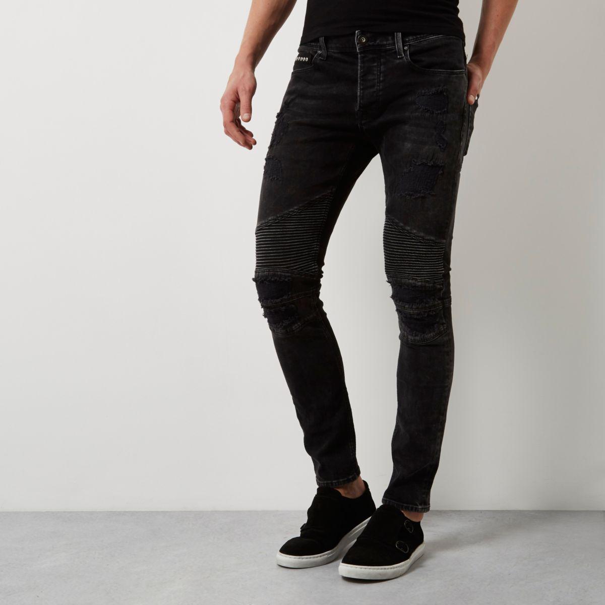 River Island Denim Black Biker Danny Super Skinny Jeans for Men - Lyst