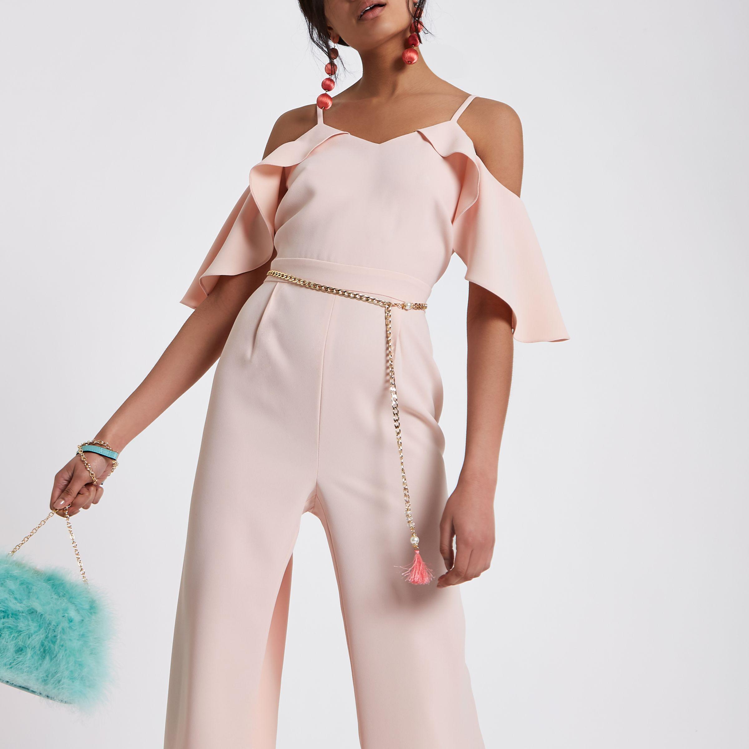 pink cold shoulder jumpsuit