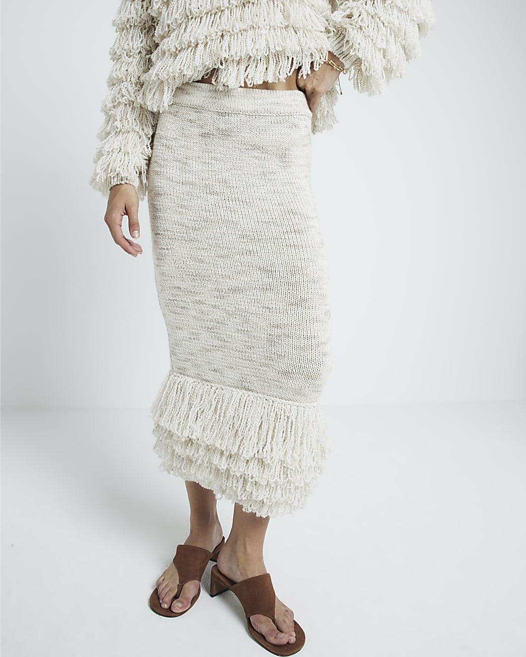 River Island Knit Fringe Midi Skirt in White Lyst