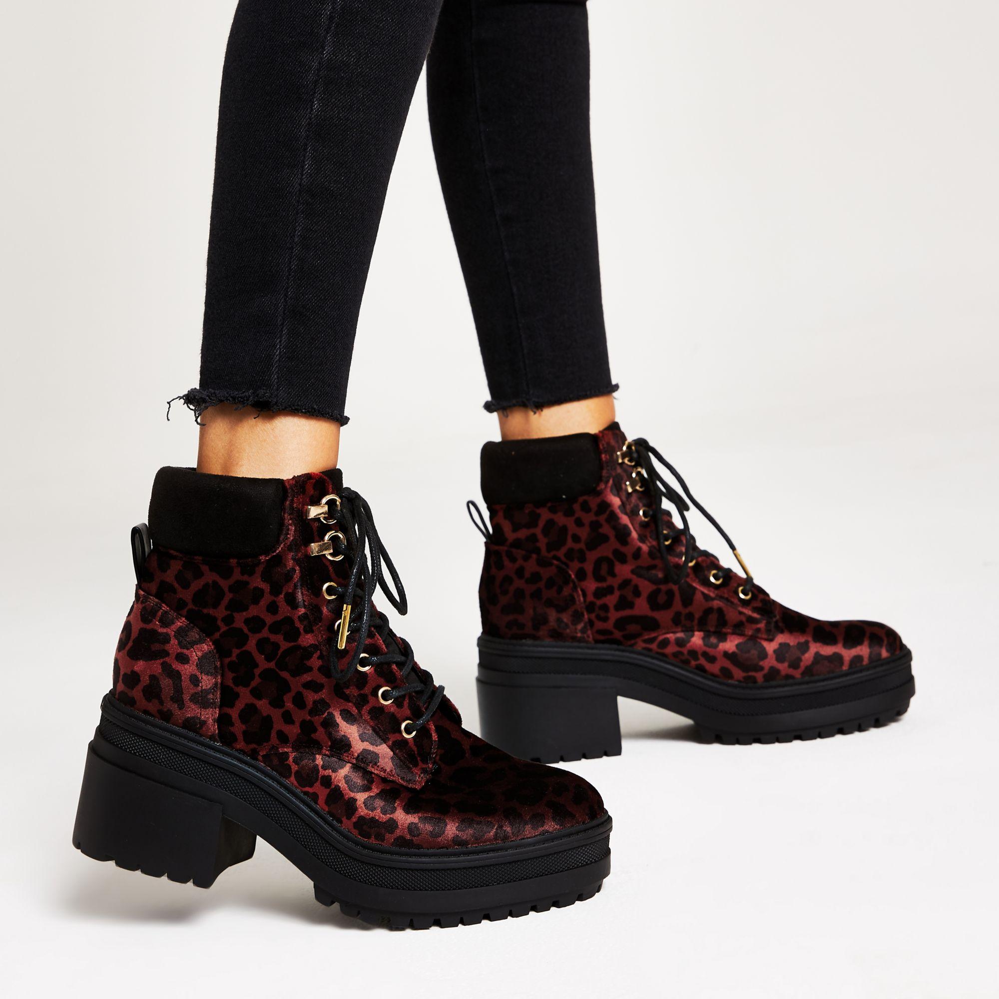 River Island Red Leopard Print Lace-up Chunky Boots - Lyst
