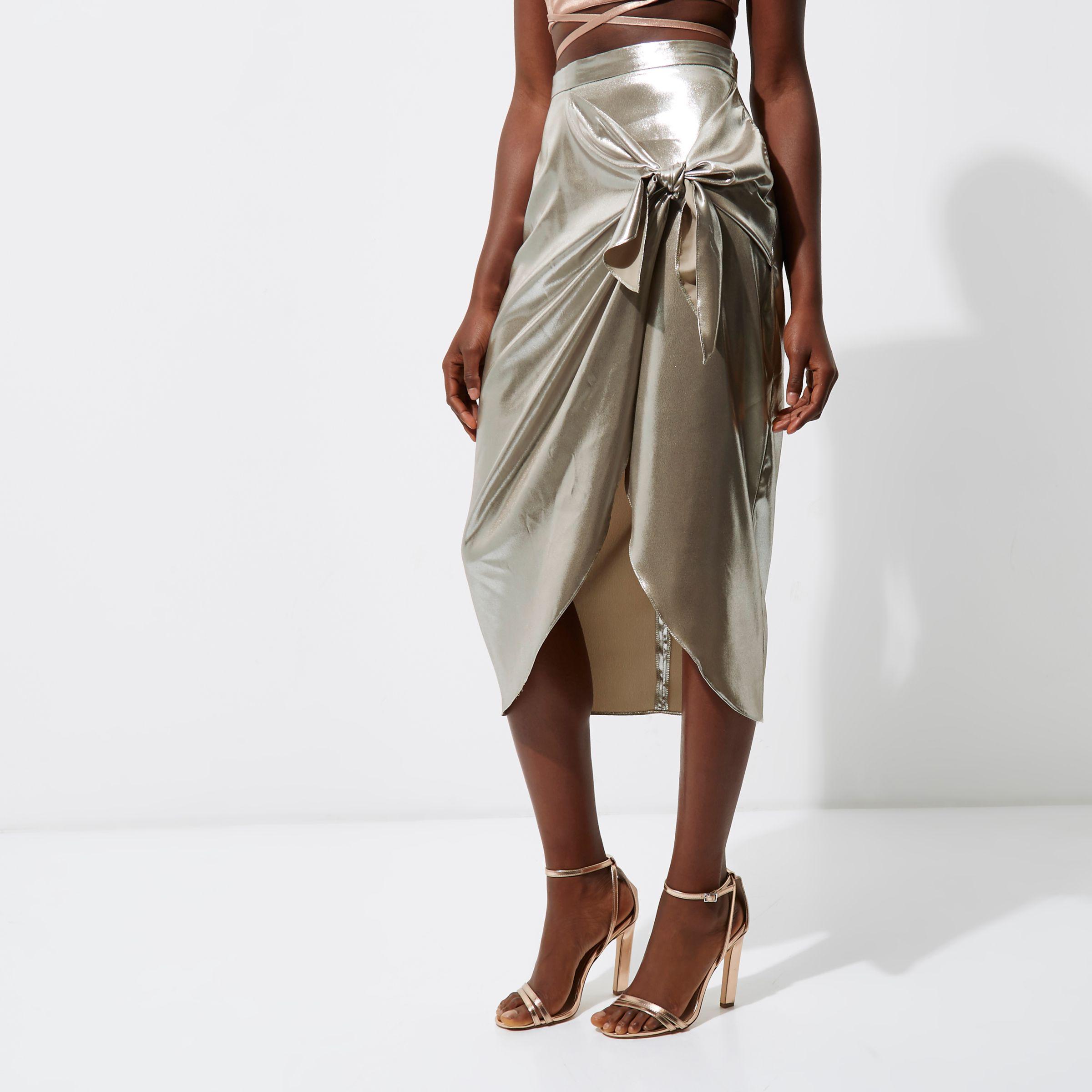 River Island Synthetic Silver Metallic Tie Front Wrap Skirt in Grey ...