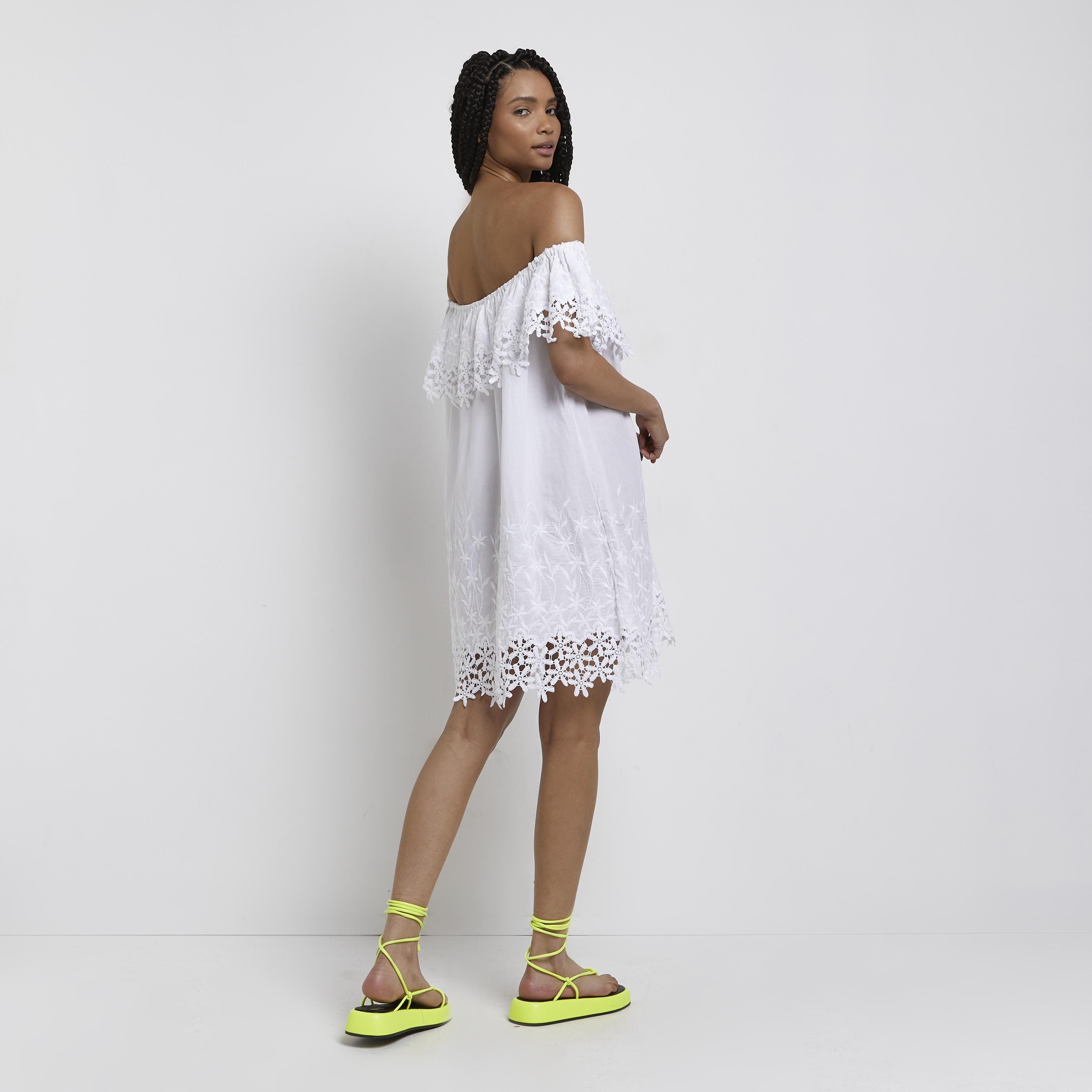 White Lace Bardot Mini Dress