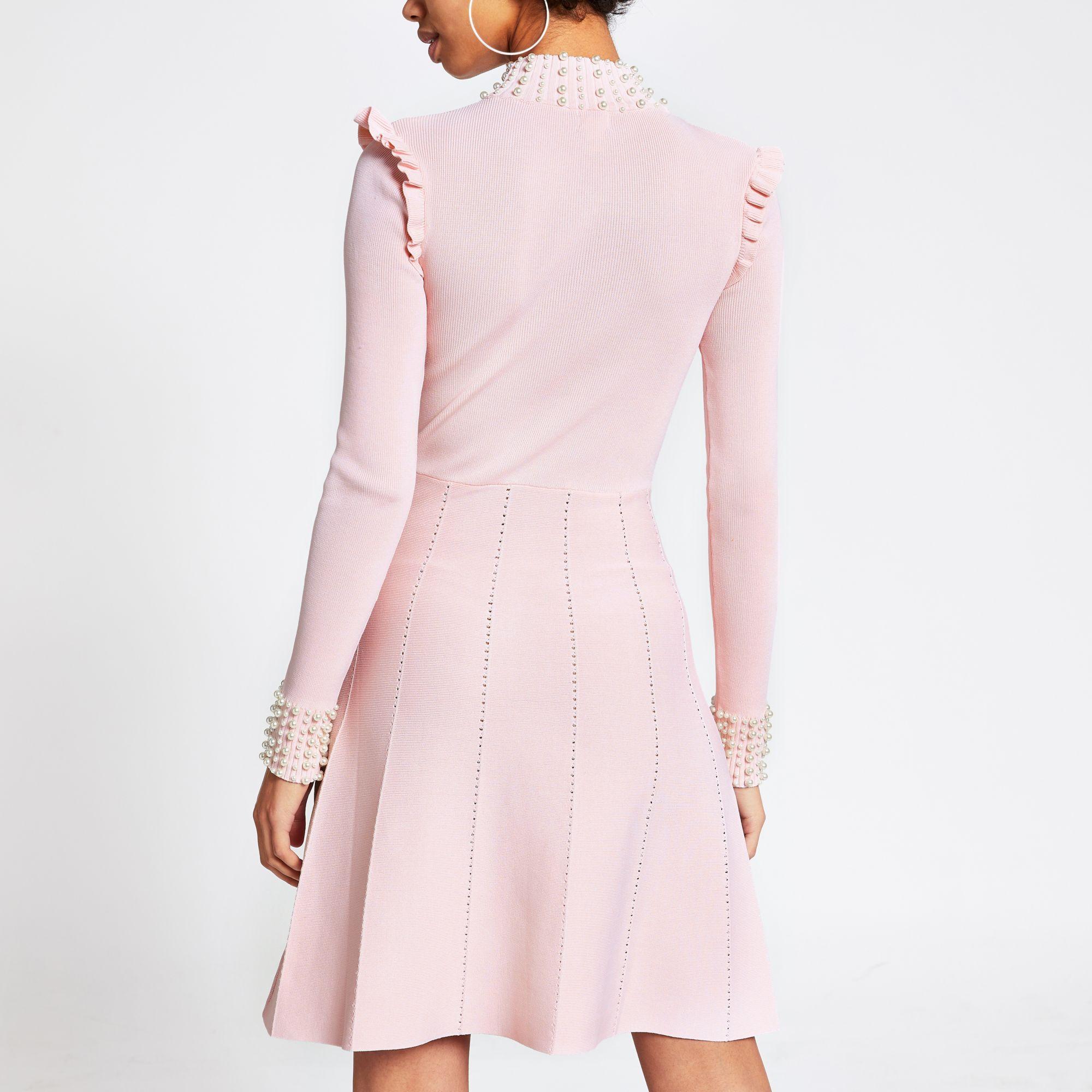 Pearl Embellished Rib Knitted Dress 