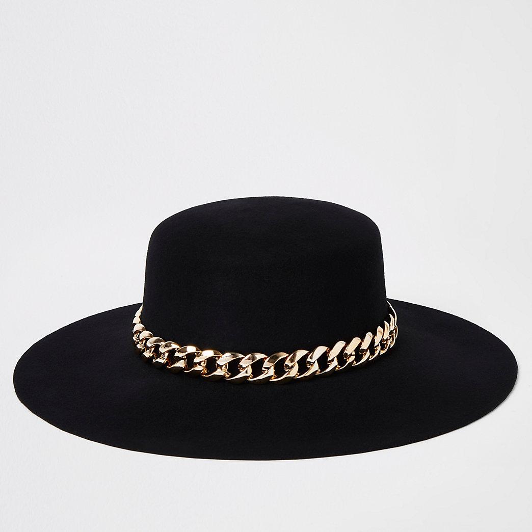 River Island Gold Chain Trim Fedora Hat in Black | Lyst