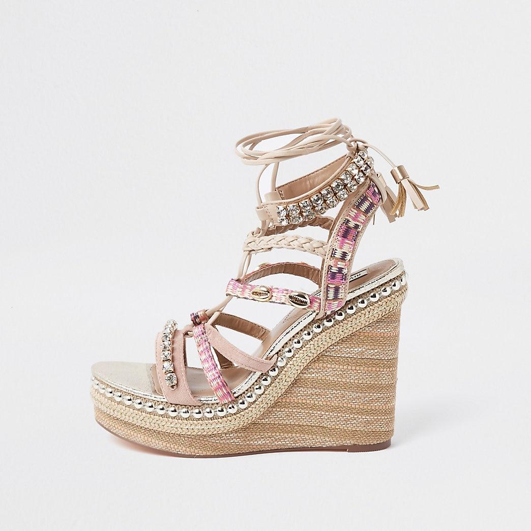 River Island Pink Embellished Lace-up Wedge Sandals | Lyst