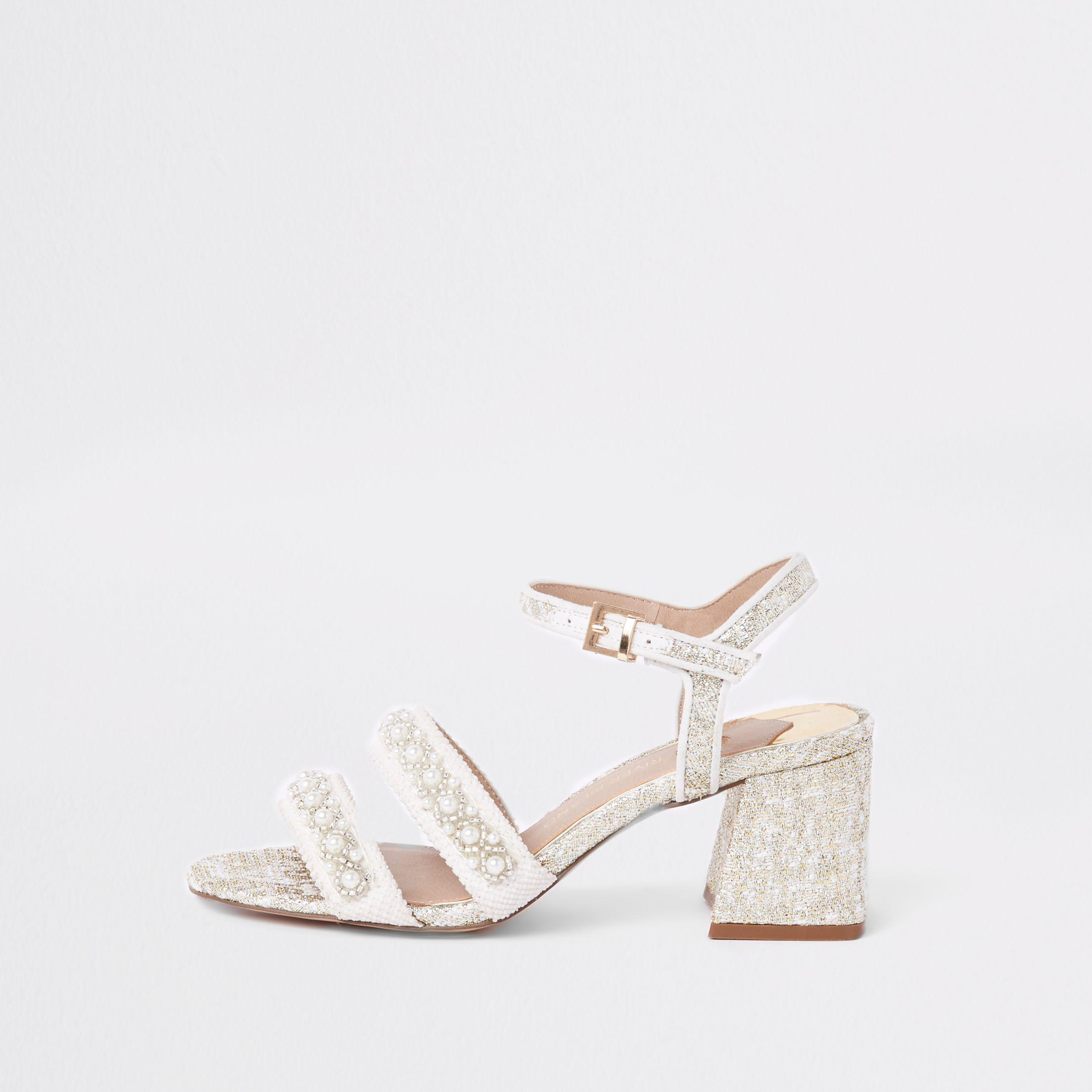 River Island Textile Pearl Block Heel Sandals in White | Lyst