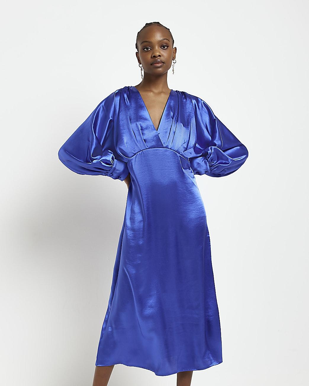 River Island Blue Satin Long Sleeve Swing Midi Dress Lyst Canada
