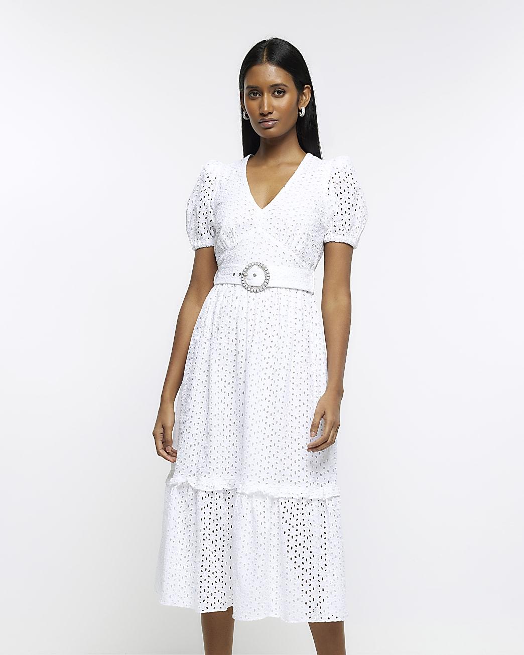 River Island Broderie Belted Swing Midi Dress in White | Lyst