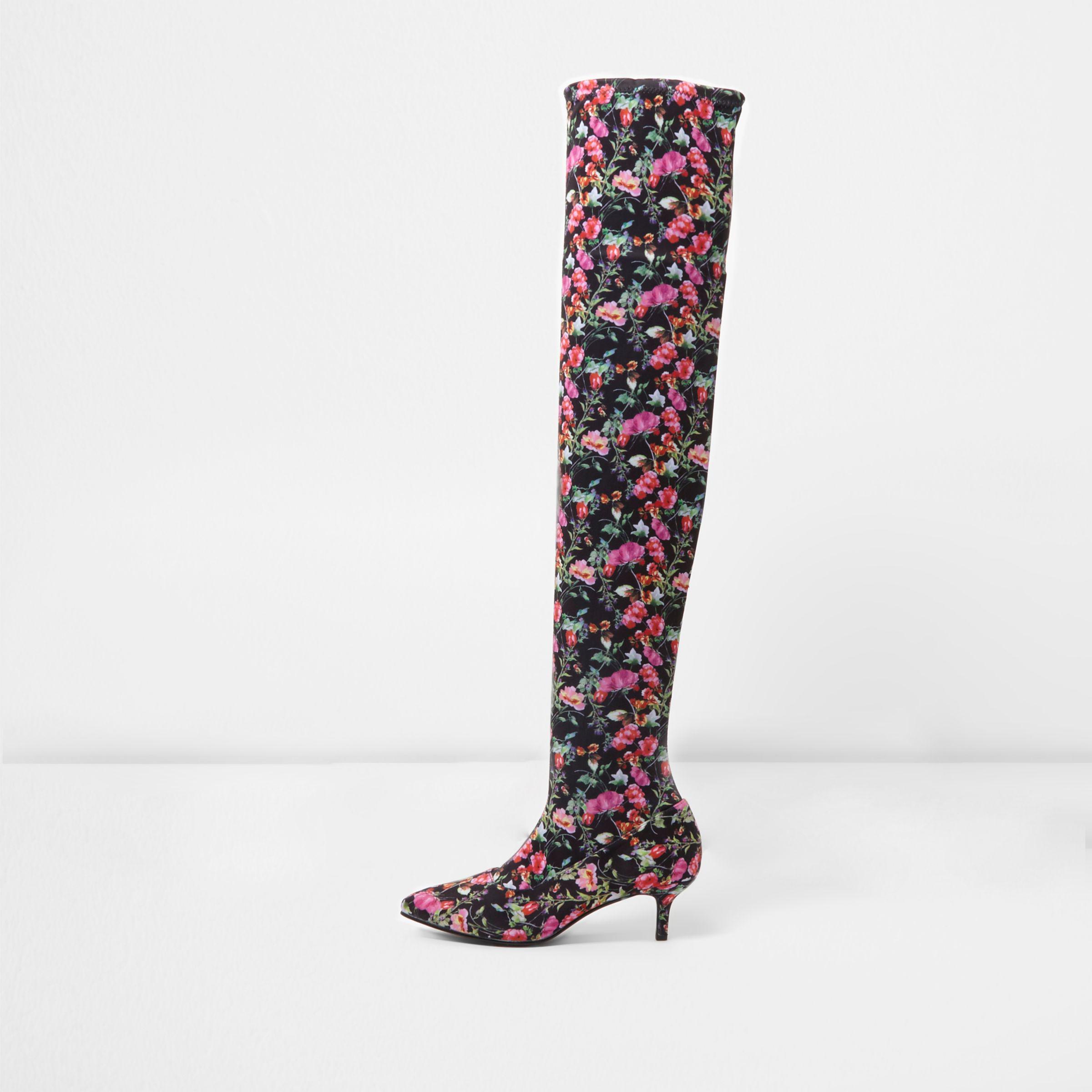 River Island Black Floral Over-the-knee Kitten Heel Boots - Lyst