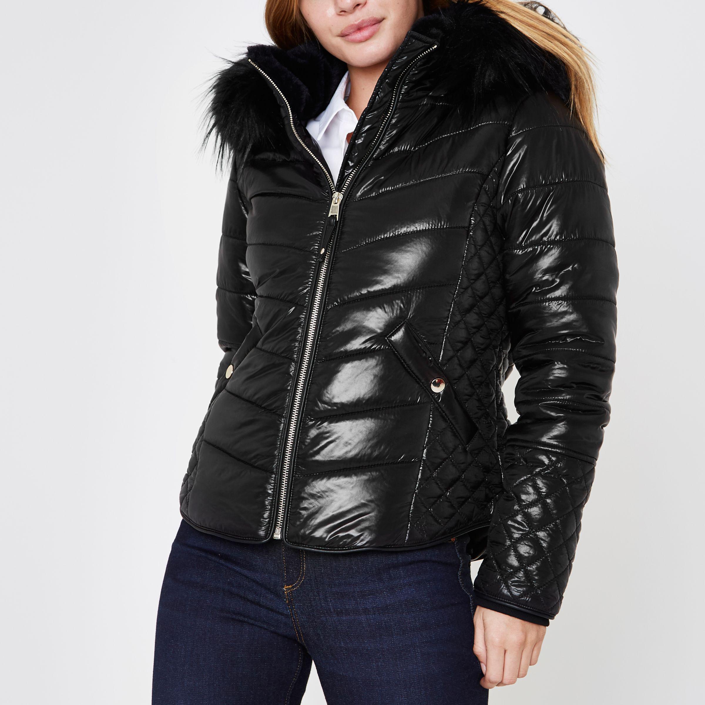 black wet look coat river island