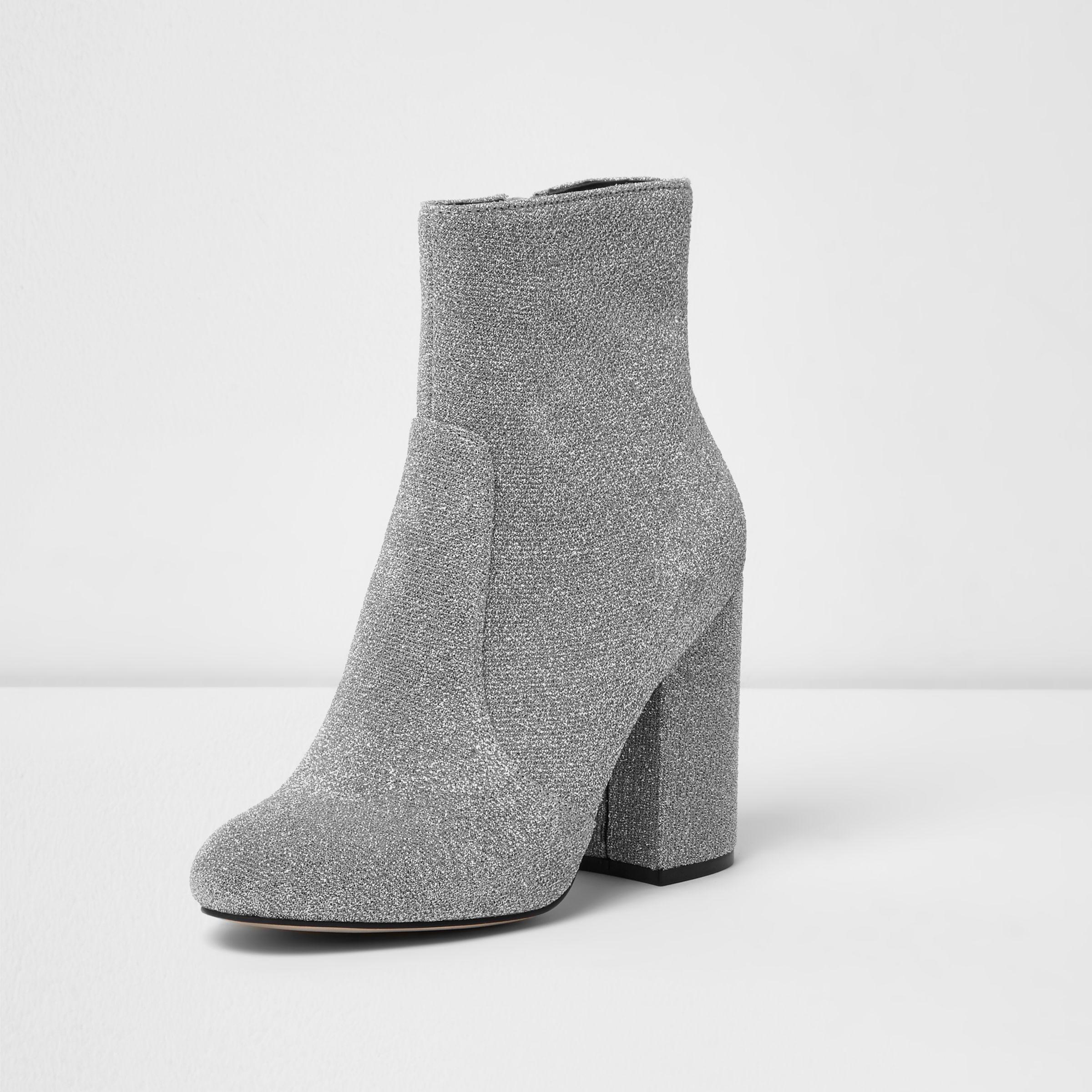 River Island Silver Glitter Block Heel Sock Boots in Gray | Lyst