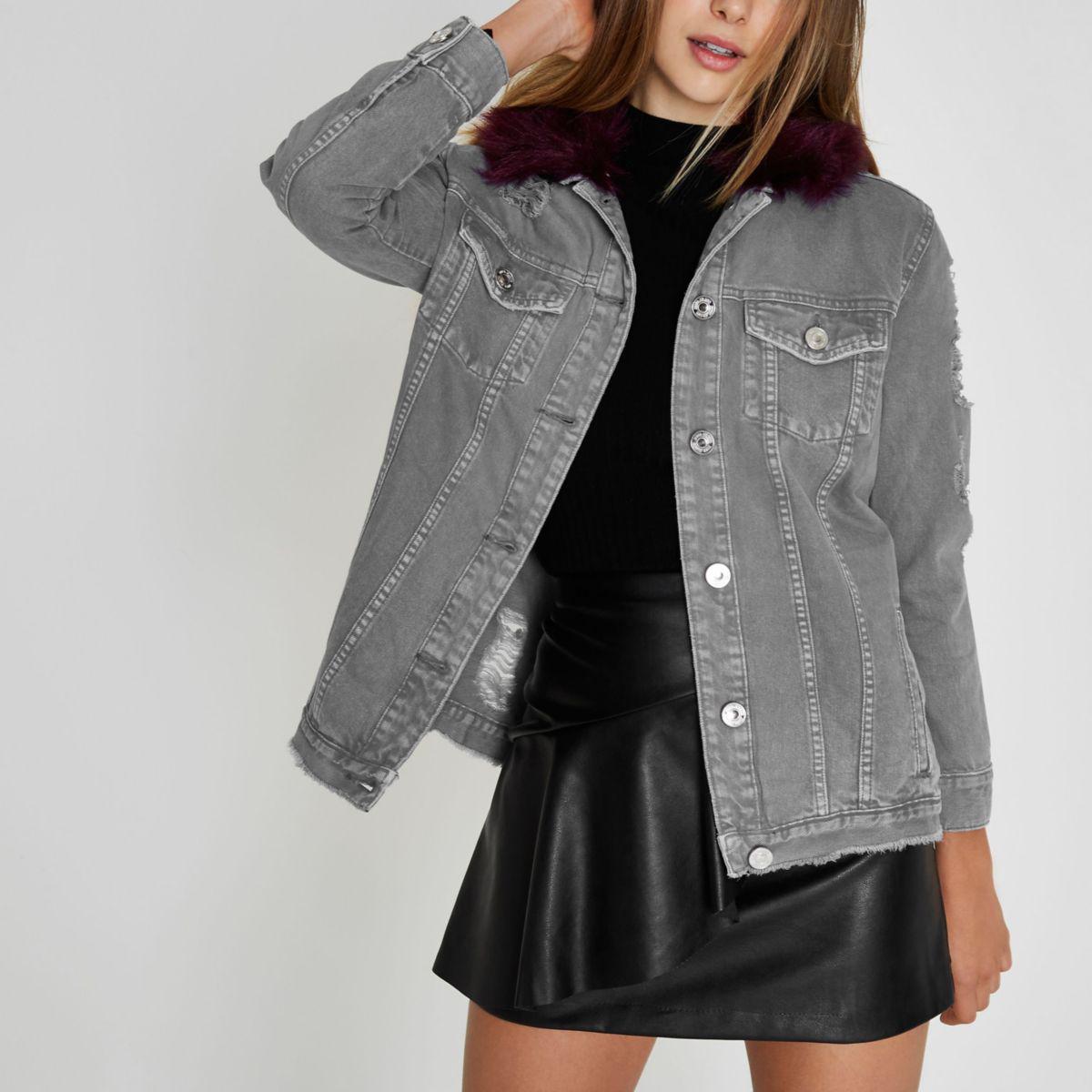 Womens denim jacket with grey hood sale