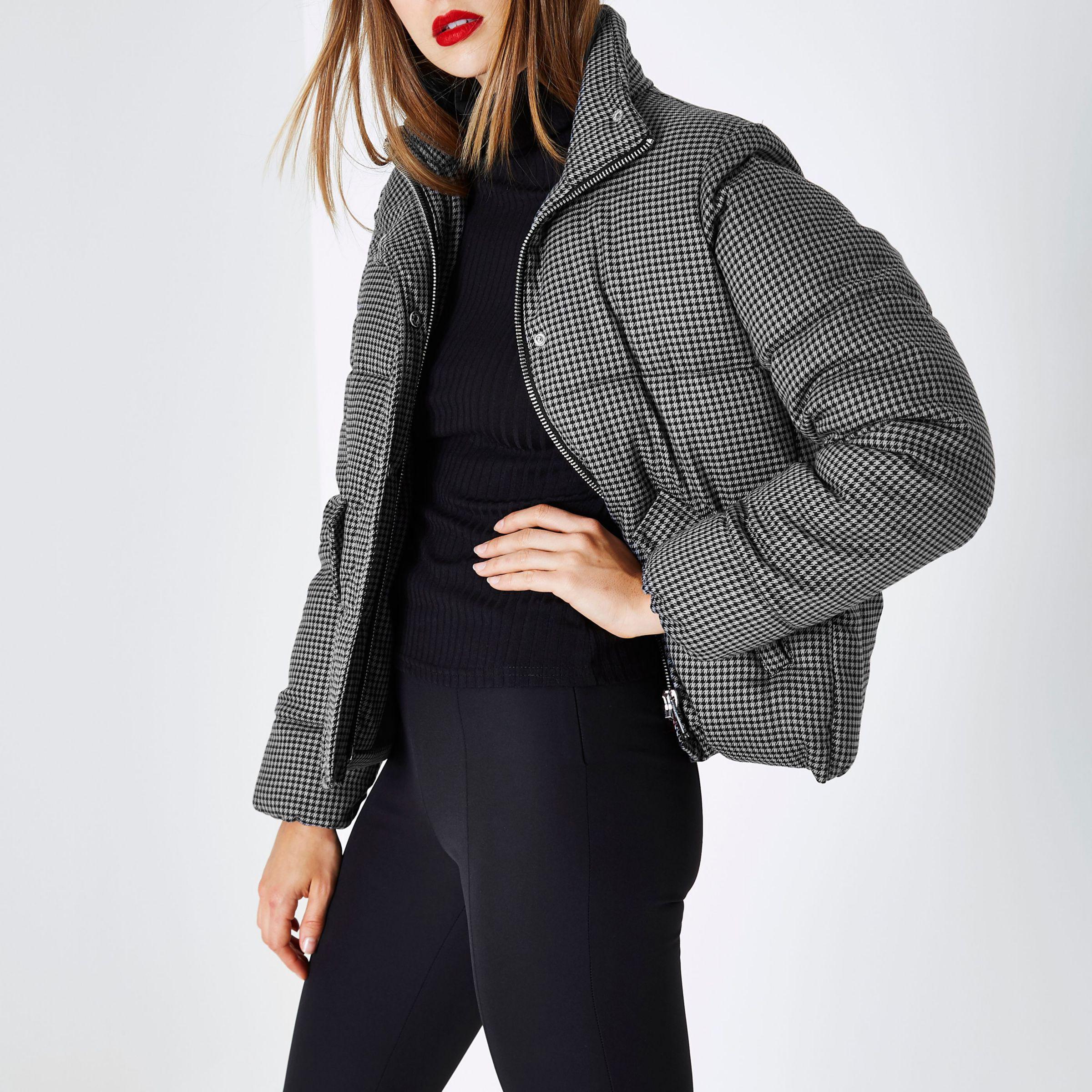 River Island Cotton Grey Dogtooth Check Puffer Jacket in Grey Lyst