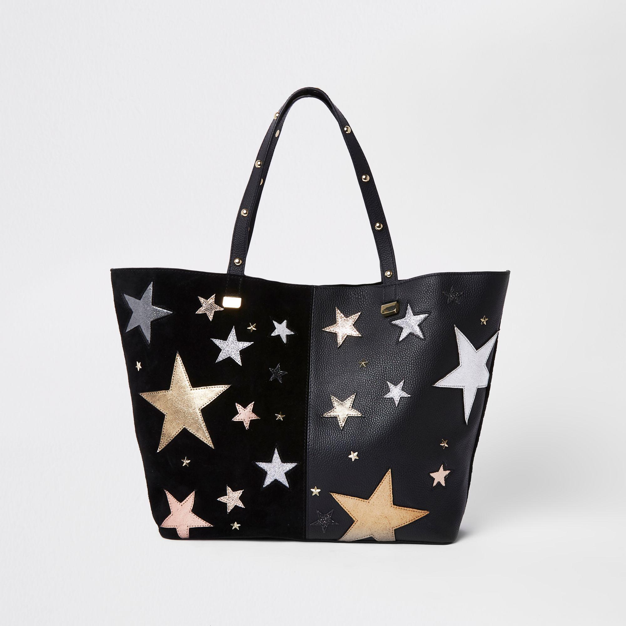 River Island Leather Star Embroidered Tote Bag in Black | Lyst