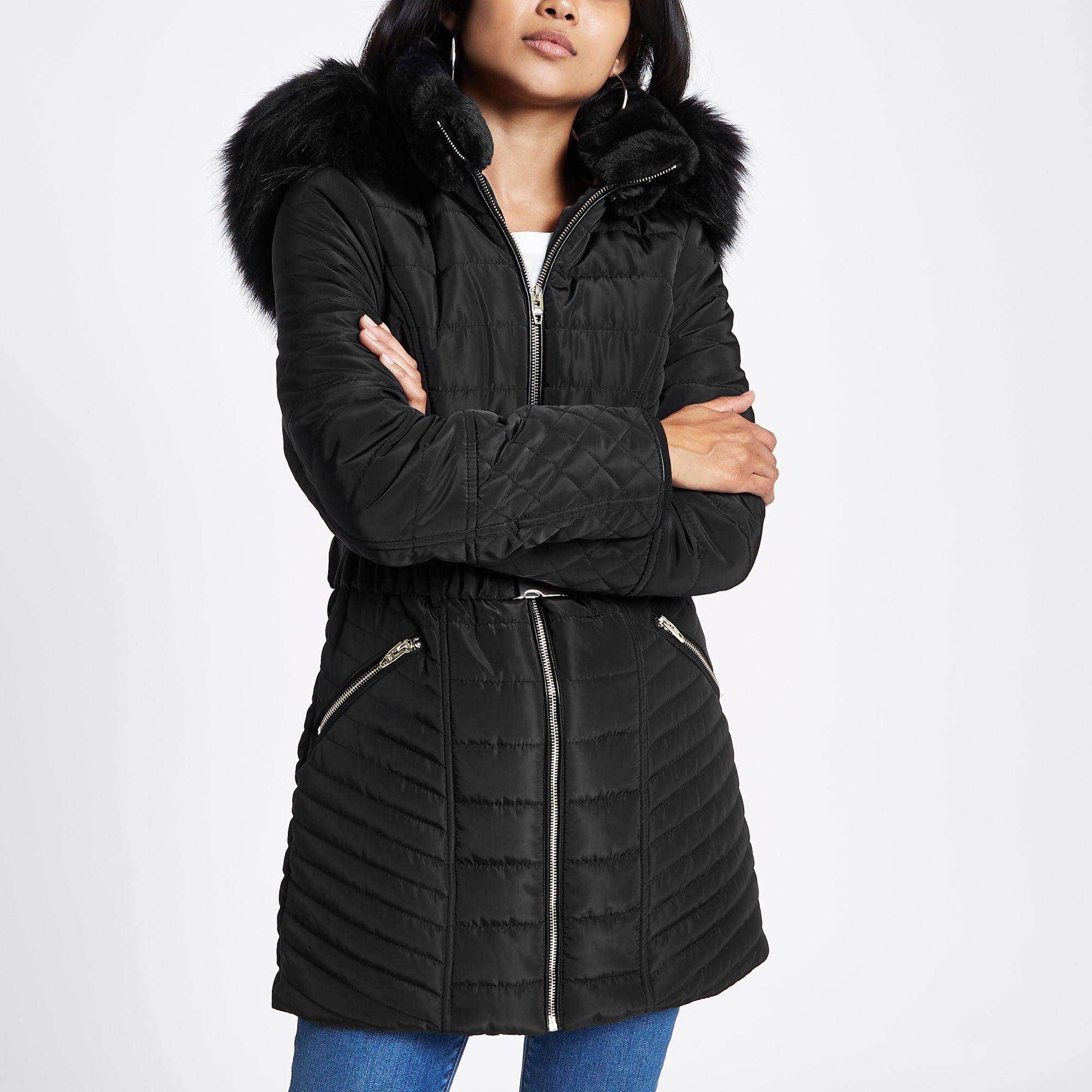 petite long belted puffer jacket