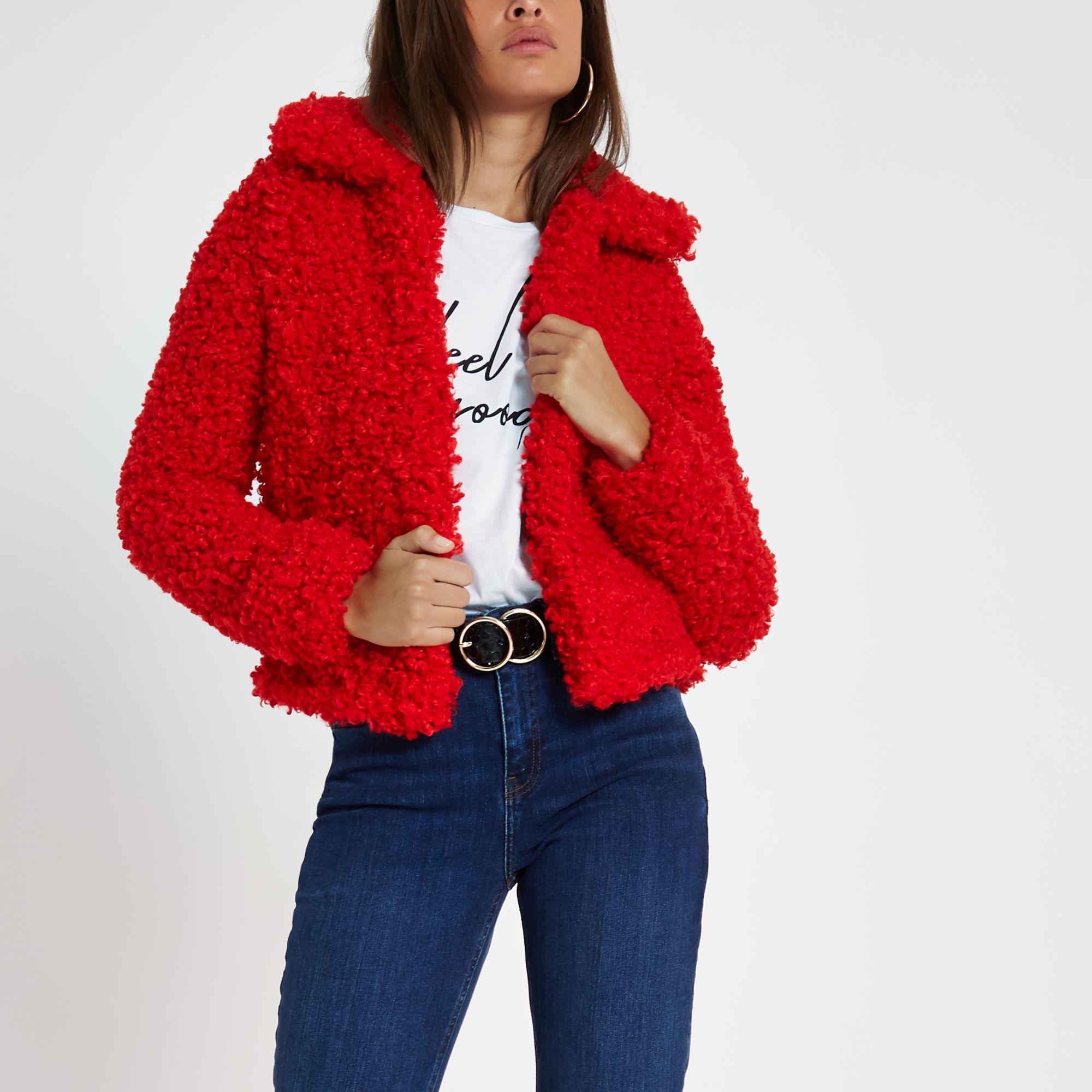 red fluffy cropped jacket