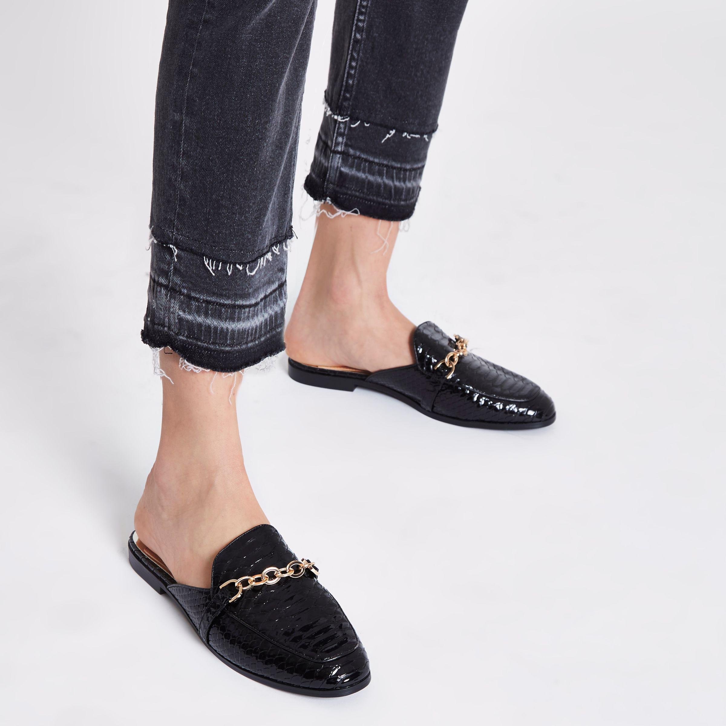 River Island Black Patent Croc Backless Loafers - Lyst