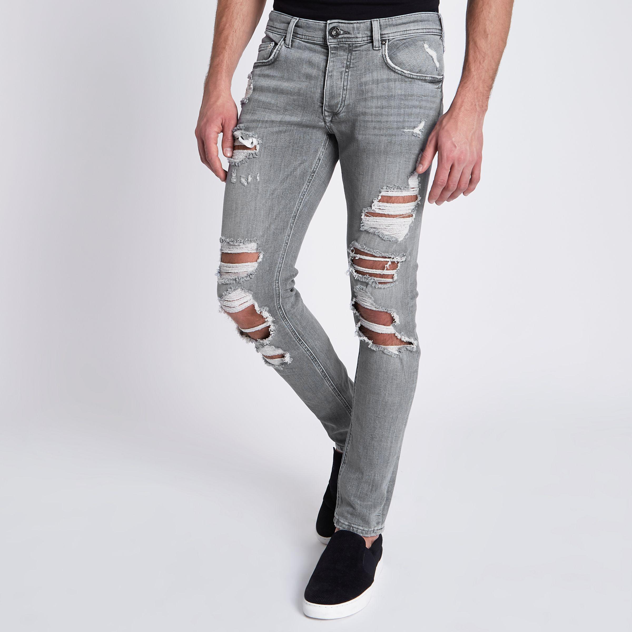 River Island Denim Sid Ripped Skinny Jeans in Grey (Gray) for Men - Lyst