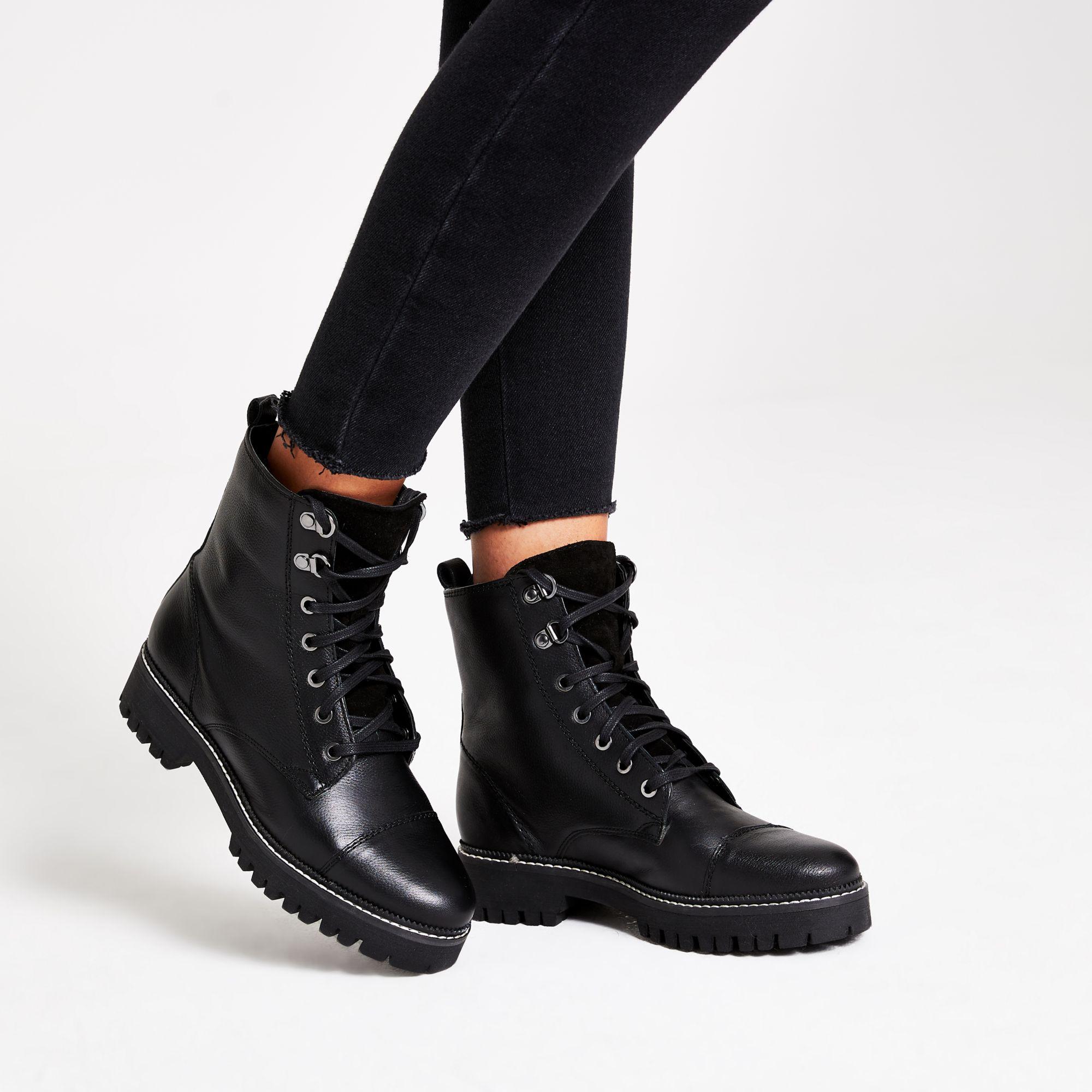 River Island Black Leather Lace-up Hiking Boots - Lyst