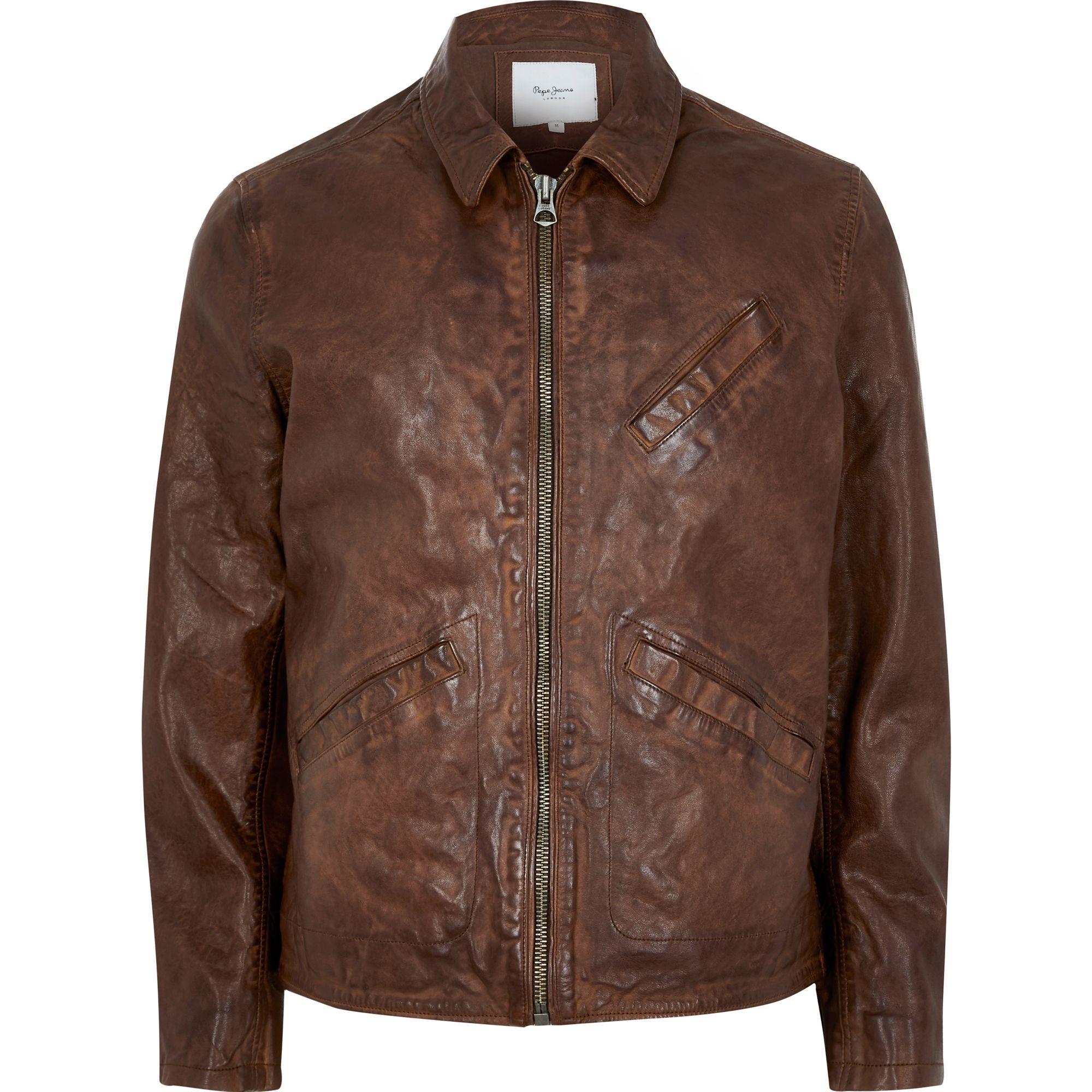 River Island Denim Pepe Jeans Leather Jacket in Brown for Men - Lyst