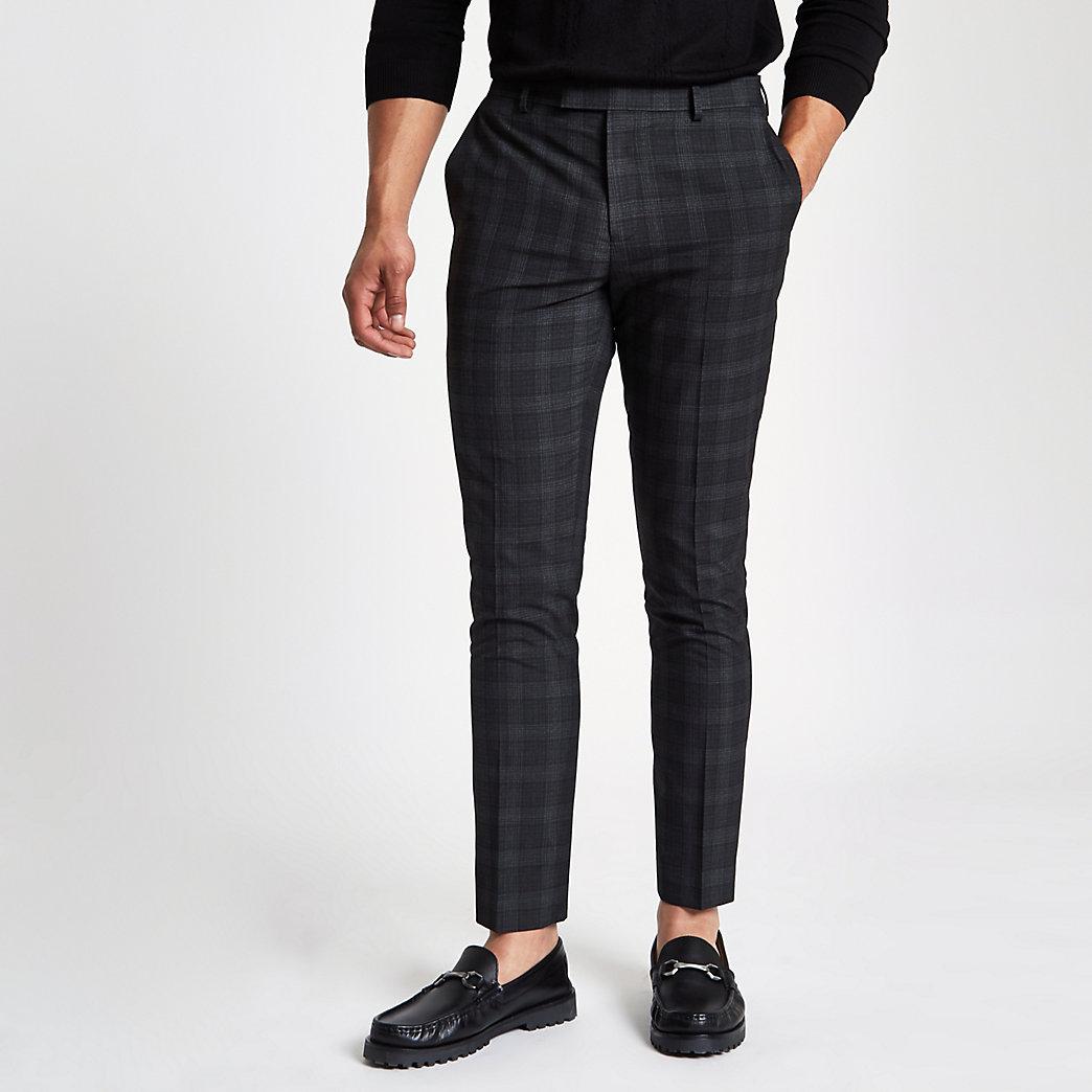 River Island Synthetic Dark Grey Check Skinny Fit Smart Trousers in Gray  for Men - Lyst