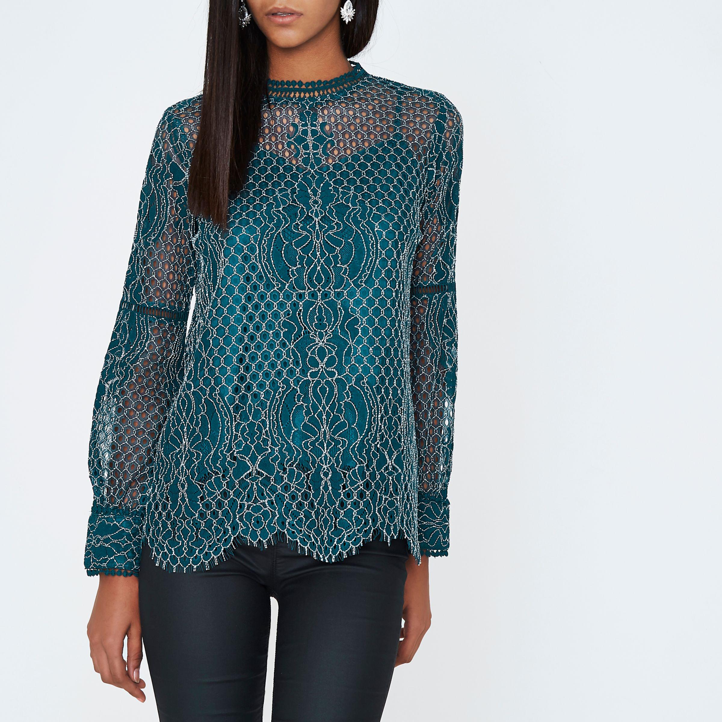 River Island Dark Green Lace High Neck Long Sleeve Top - Lyst