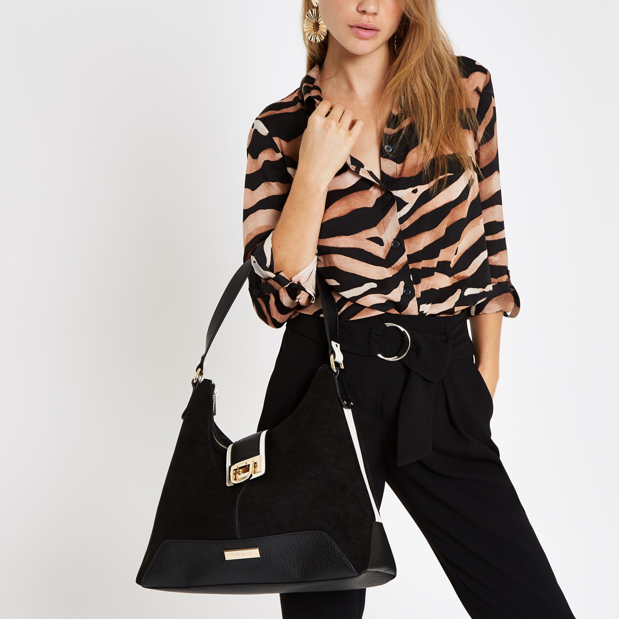 river island black bag lock front slouch bag