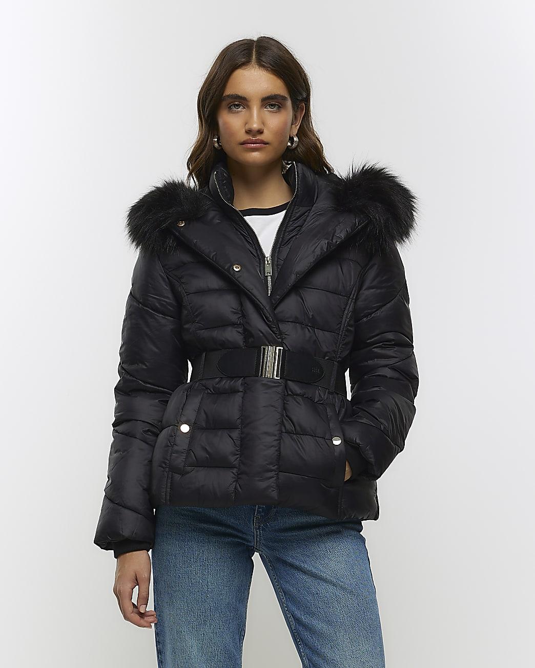 River Island Black Hooded Puffer Jacket in Blue | Lyst