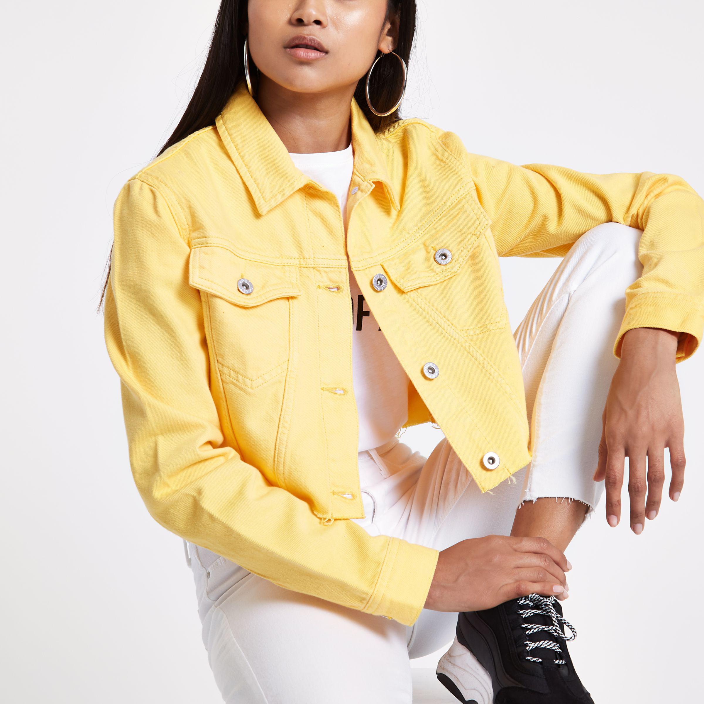 River Island Petite Cropped Denim Jacket in Yellow